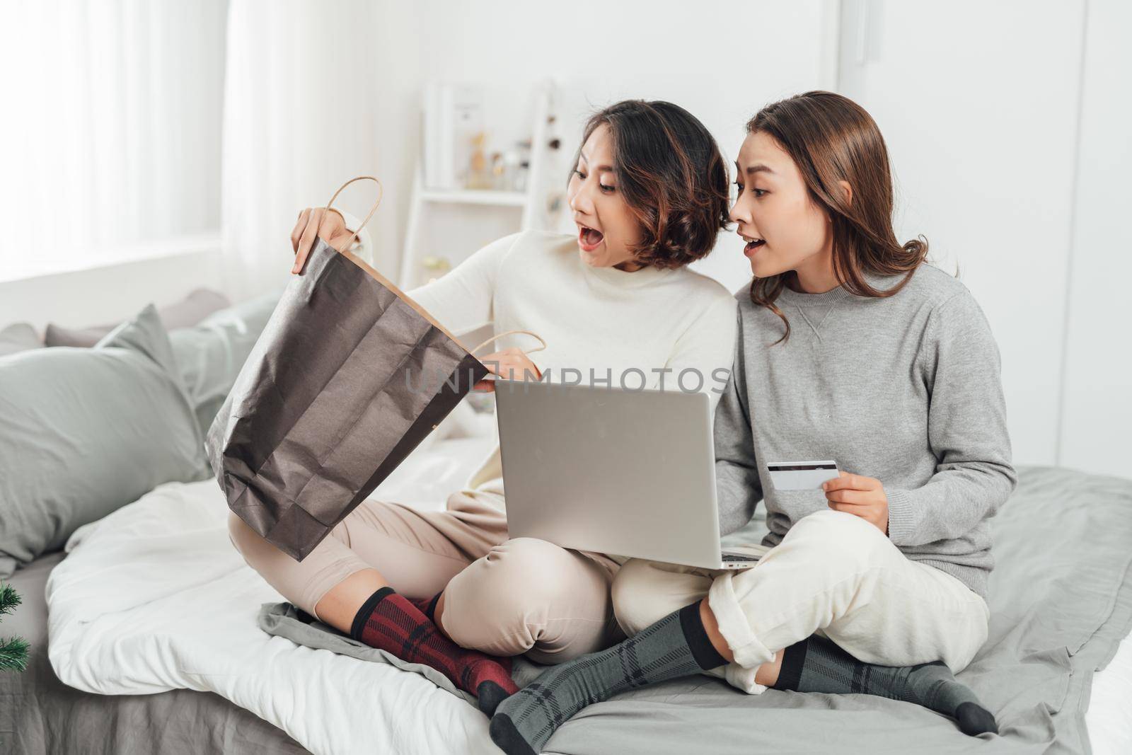 Two happy roommates buying together on line with credit card and a laptop at home