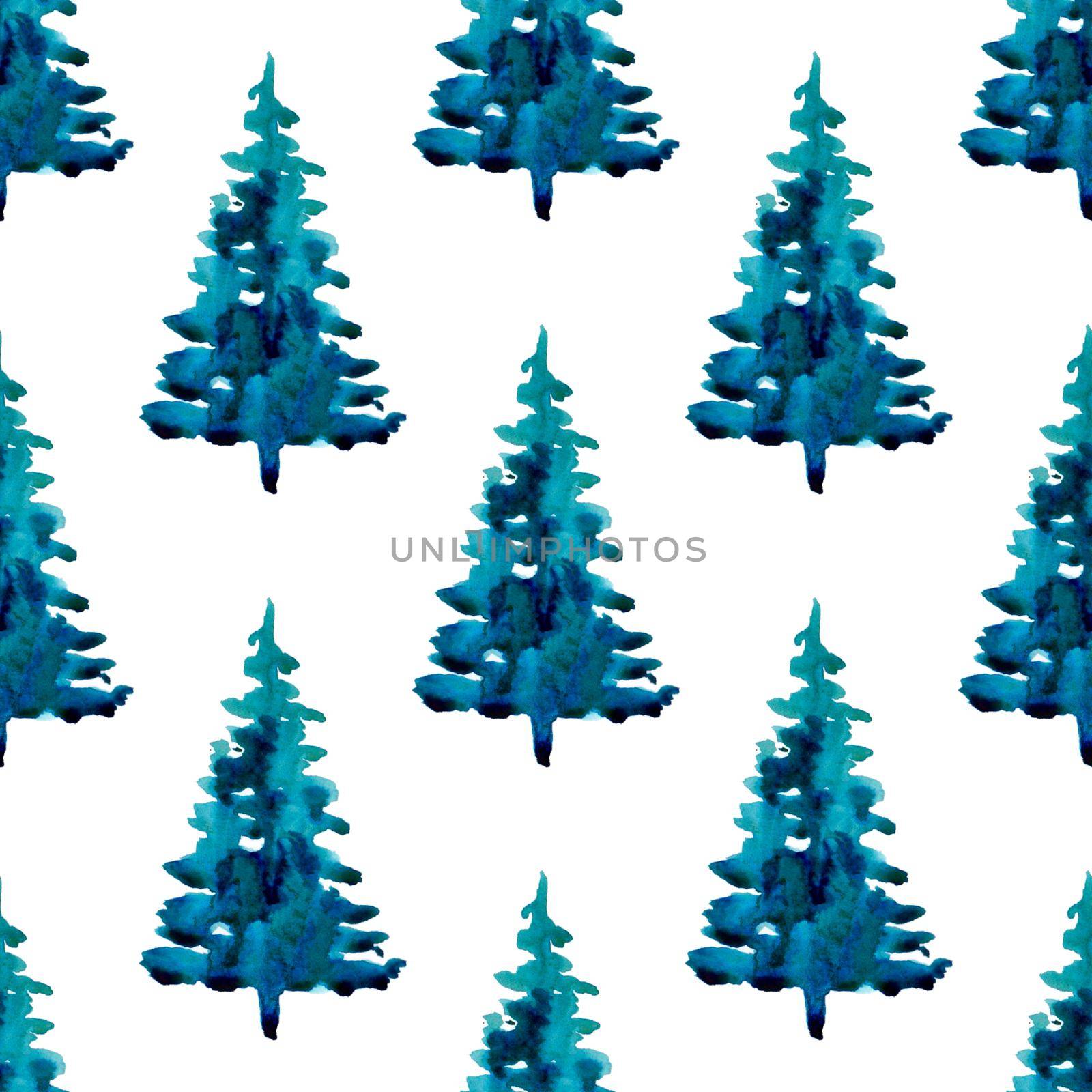 XMAS watercolor Pine Tree Seamless Pattern in Blue Color. Hand Painted fir tree background or wallpaper for Ornament, Wrapping or Christmas Gift.