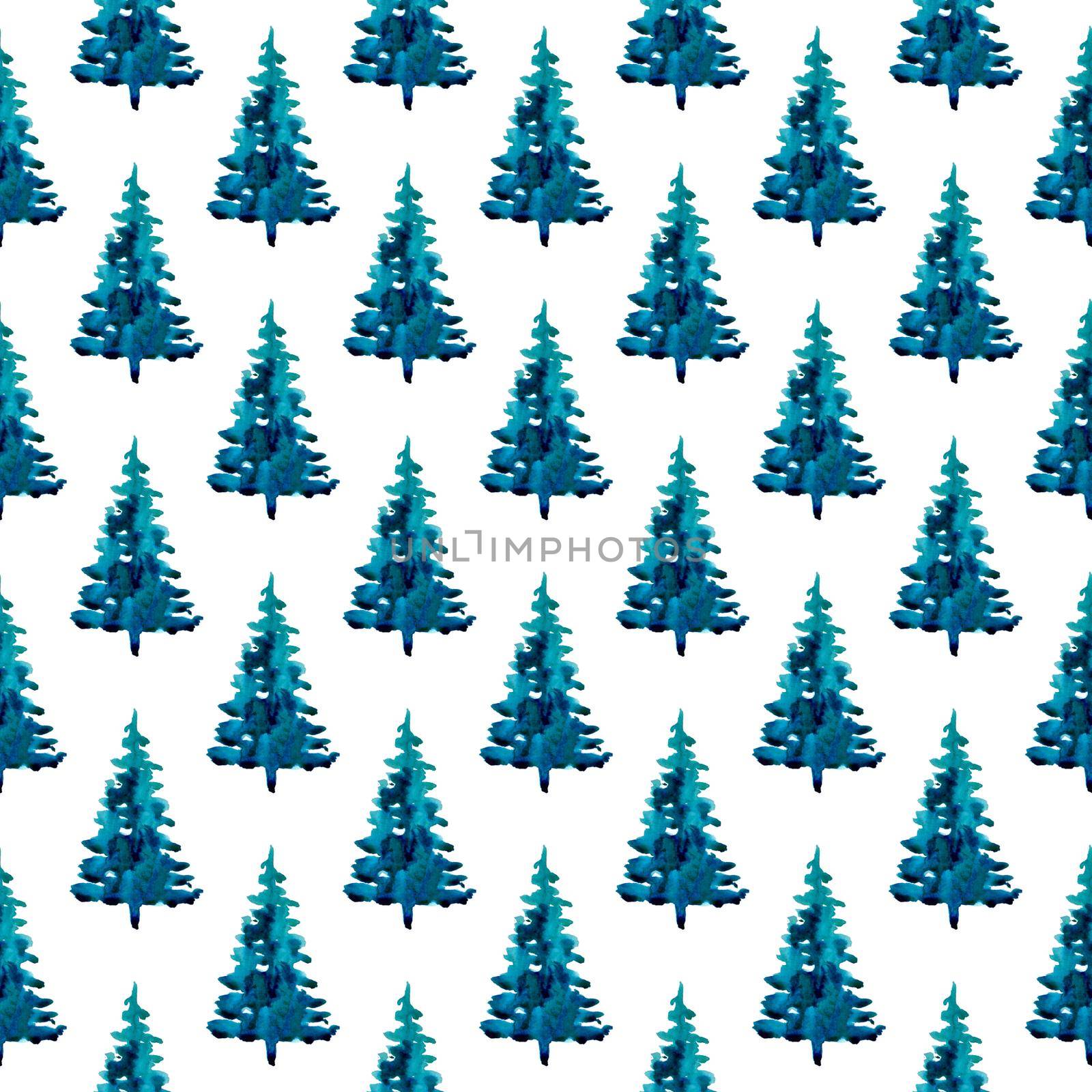 XMAS watercolor Pine Tree Seamless Pattern in Blue Color. Hand Painted fir tree background or wallpaper for Ornament, Wrapping or Christmas Gift.