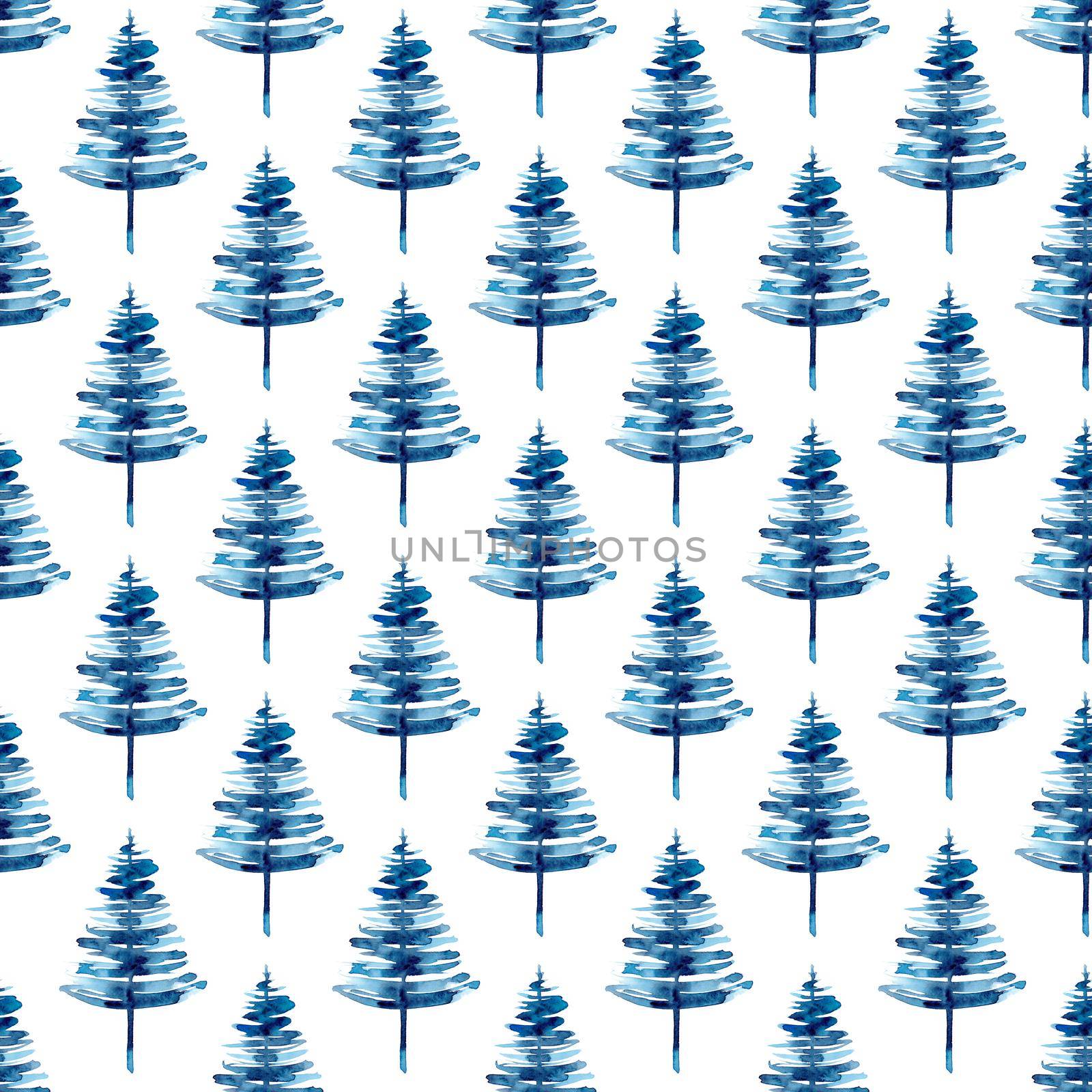 XMAS watercolor Pine Tree Seamless Pattern in Blue Color. Hand Painted fir tree background or wallpaper for Ornament, Wrapping or Christmas Gift by DesignAB