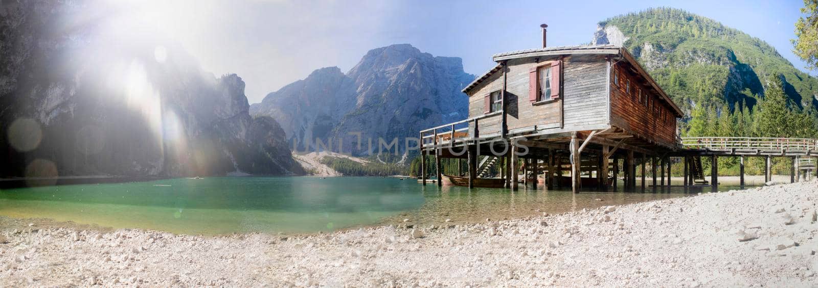 Panoramic view of the stilt house on Lake Braies Dolomites Italy  by fotografiche.eu