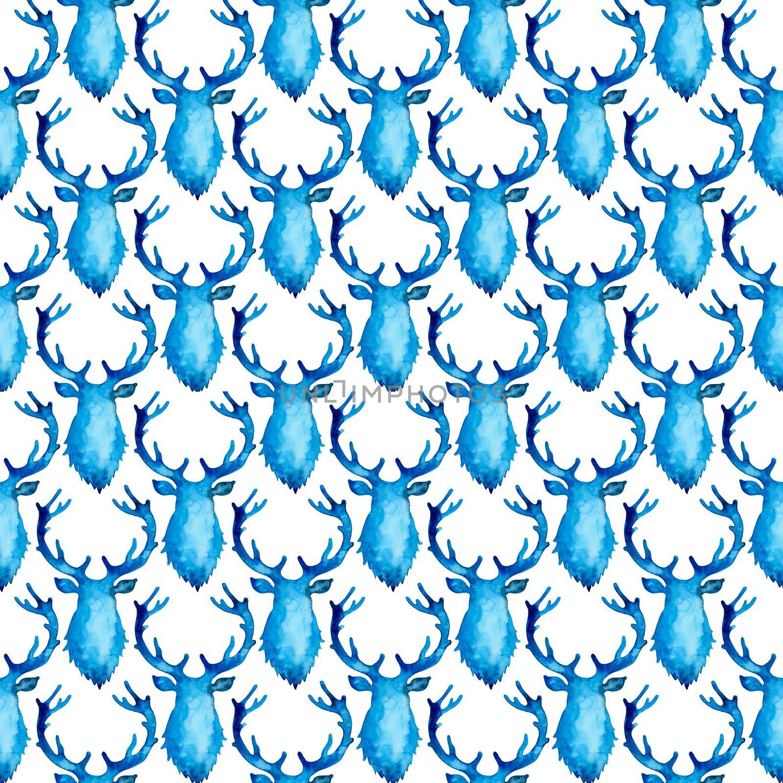 Reindeer XMAS watercolor Deer Stag eamless Pattern in Blue Color. Hand Painted Animal Moose background or wallpaper for Ornament, Wrapping or Christmas Gift.