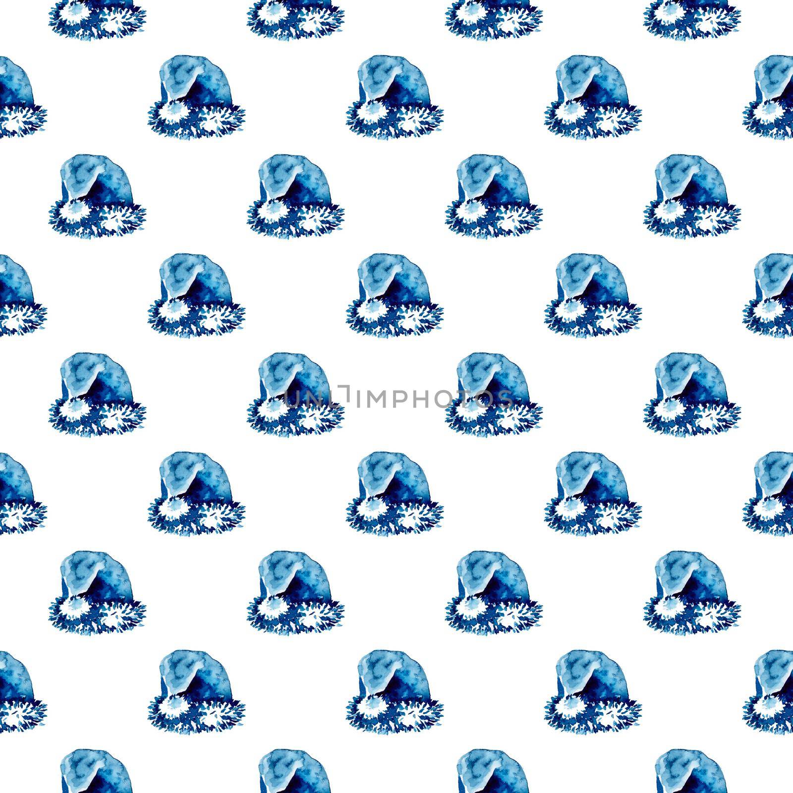 XMAS watercolor Santa Claus Hat Seamless Pattern in Blue Color. Hand PaintedCap Costume background or wallpaper for Ornament, Wrapping or Christmas Gift.