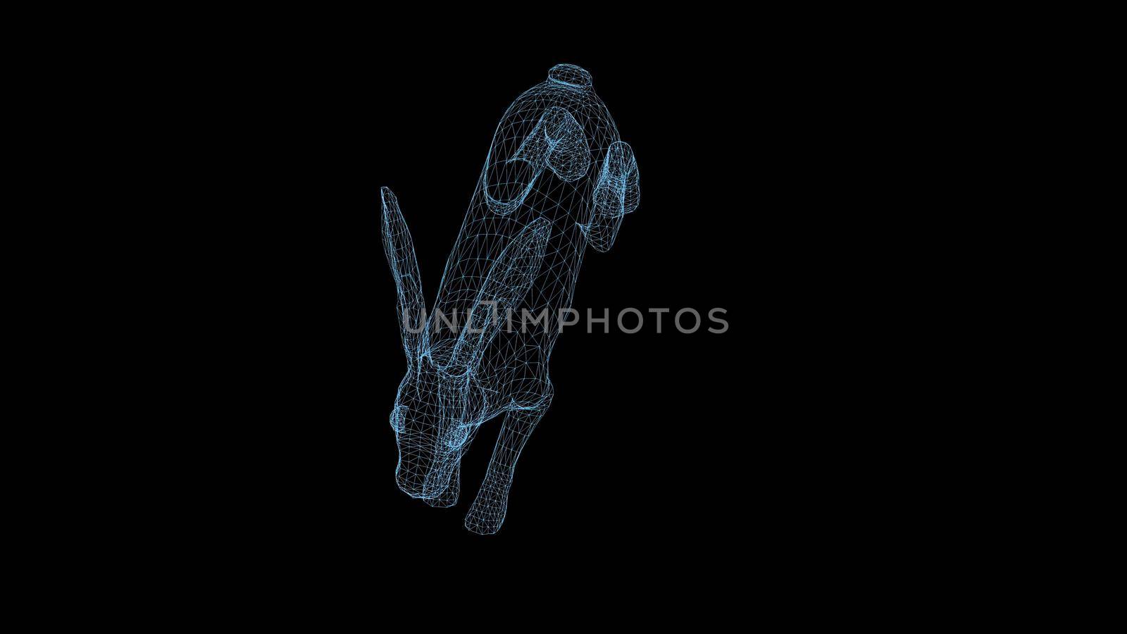 wire frame 3d illustration of rabbit running on black background