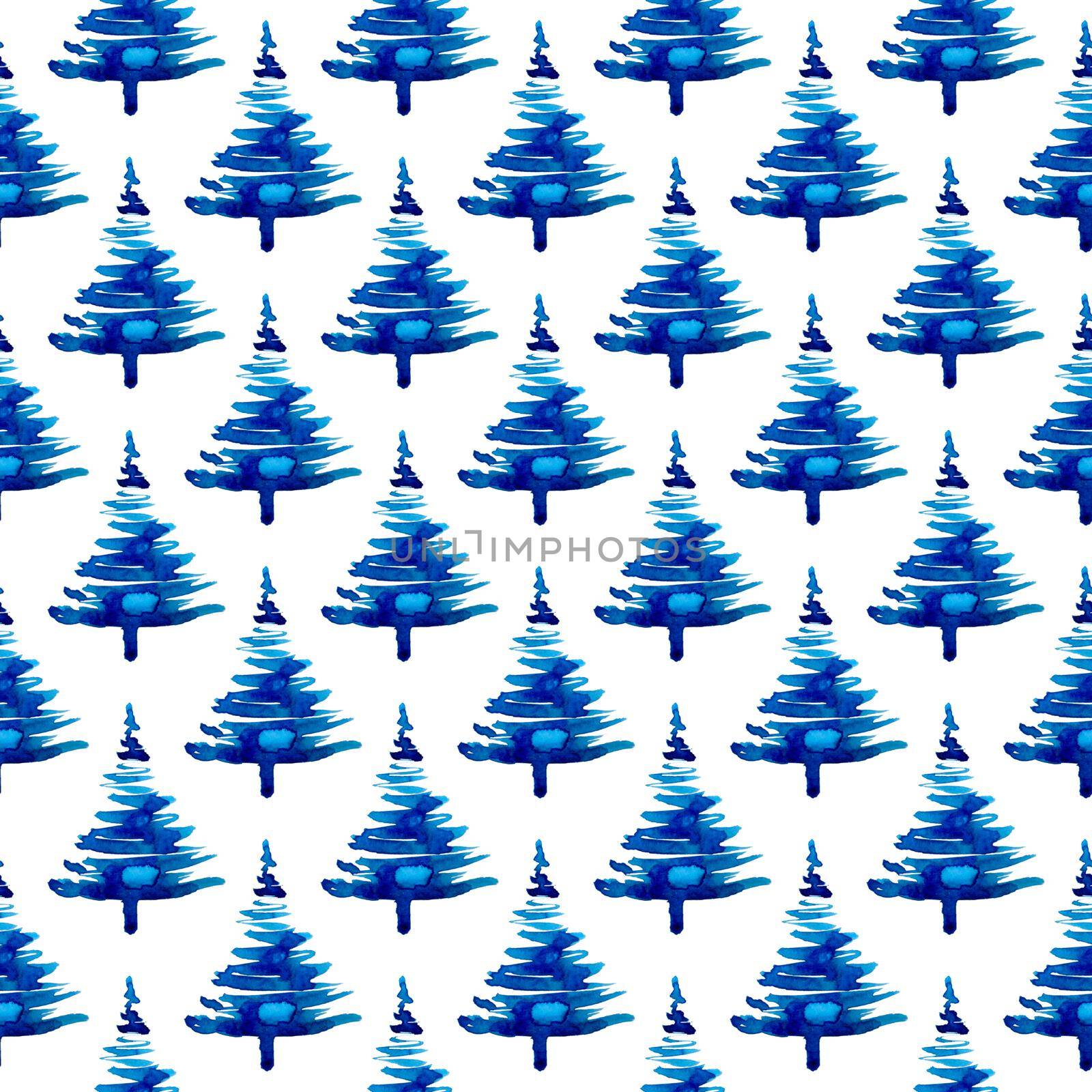 XMAS watercolor Pine Tree Seamless Pattern in Blue Color. Hand Painted fir tree background or wallpaper for Ornament, Wrapping or Christmas Gift.