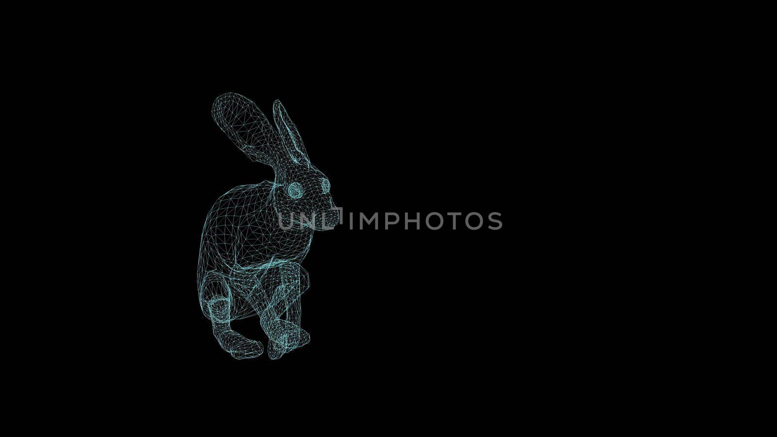 wire frame 3d illustration of rabbit running on black background