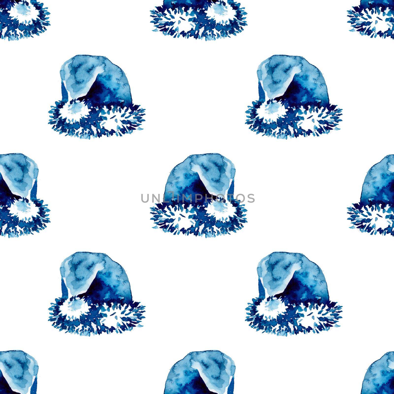 XMAS watercolor Santa Claus Hat Seamless Pattern in Blue Color. Hand PaintedCap Costume background or wallpaper for Ornament, Wrapping or Christmas Gift.