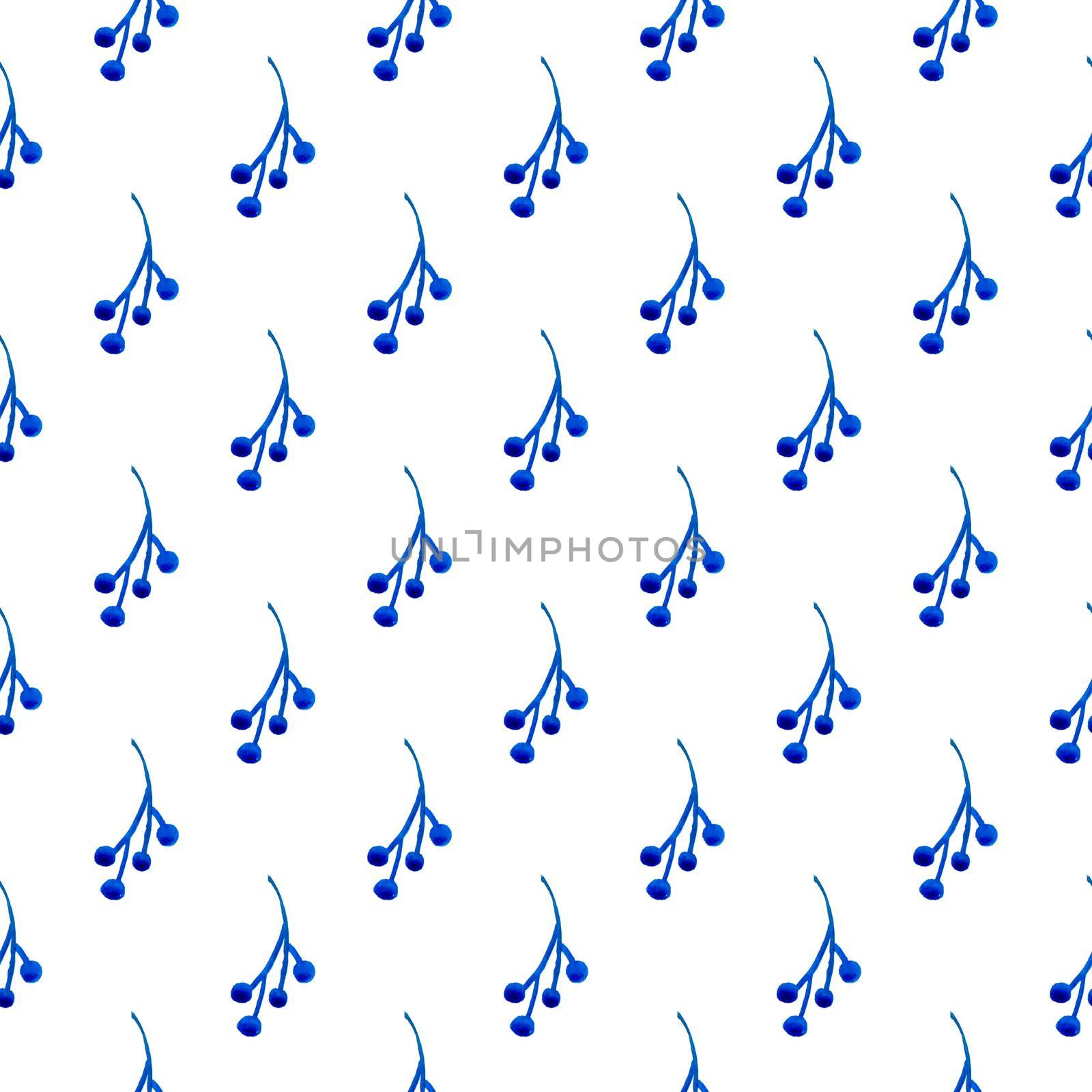 XMAS watercolor Branch Berry Seamless Pattern in Blue Color. Hand Painted background or wallpaper for Ornament, Wrapping or Christmas Gift.