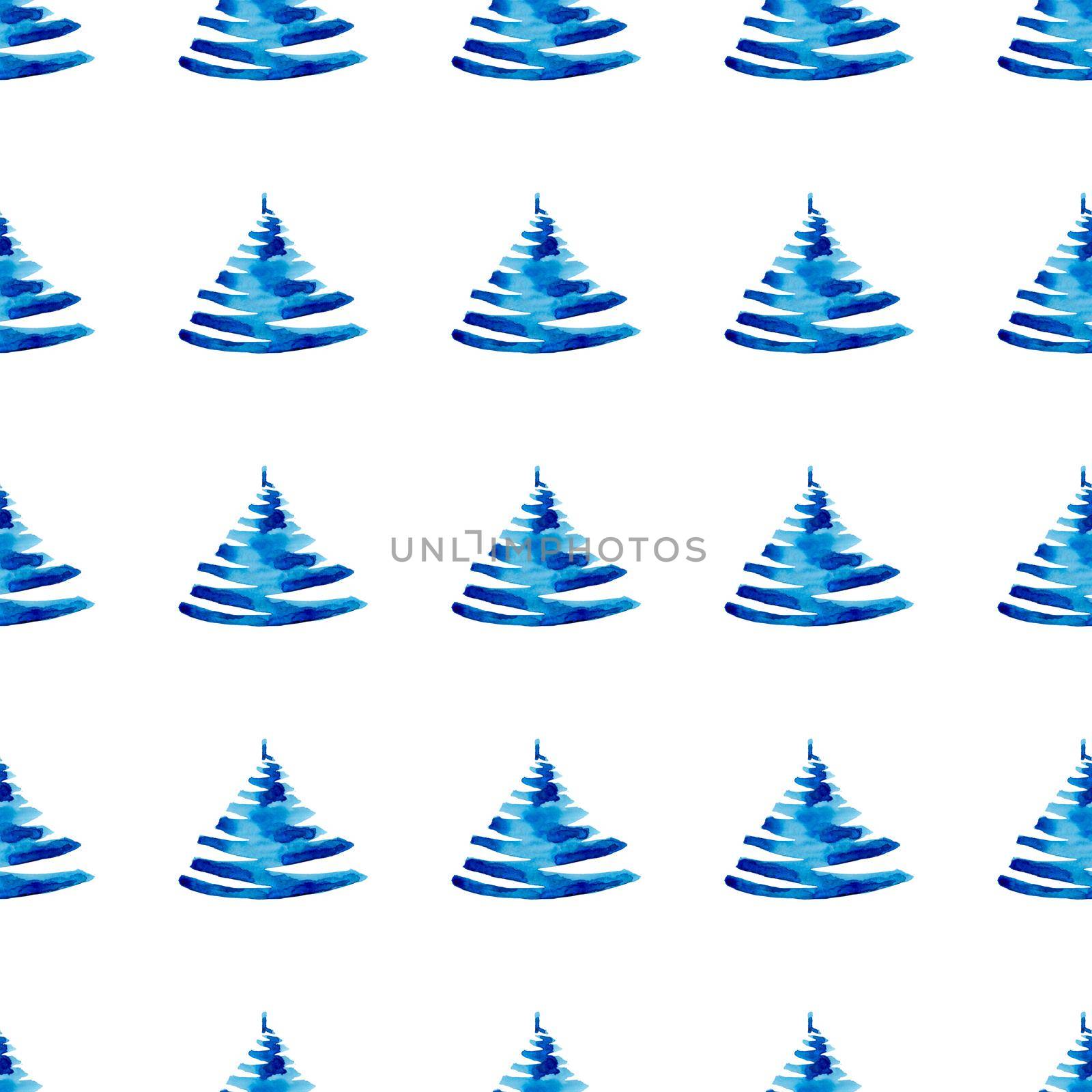 XMAS watercolor Pine Tree Seamless Pattern in Blue Color. Hand Painted fir tree background or wallpaper for Ornament, Wrapping or Christmas Gift.