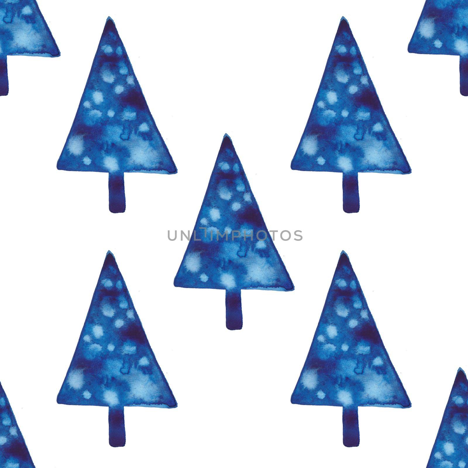 XMAS watercolor Fir Tree Seamless Pattern in Blue Color. Hand Painted Spruce Pine tree background or wallpaper for Ornament, Wrapping or Christmas Decoration.