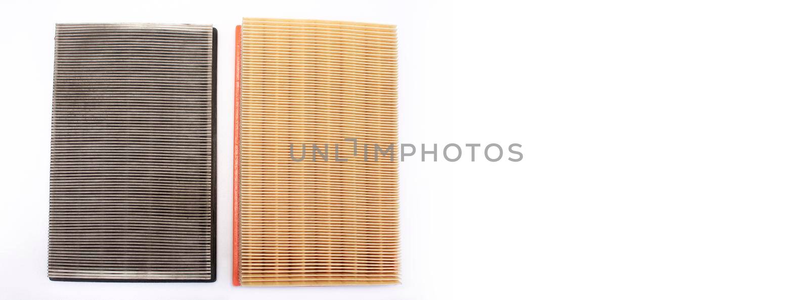 Car air filters, banner. On a white background. Isolated. copy space. Selective focus.