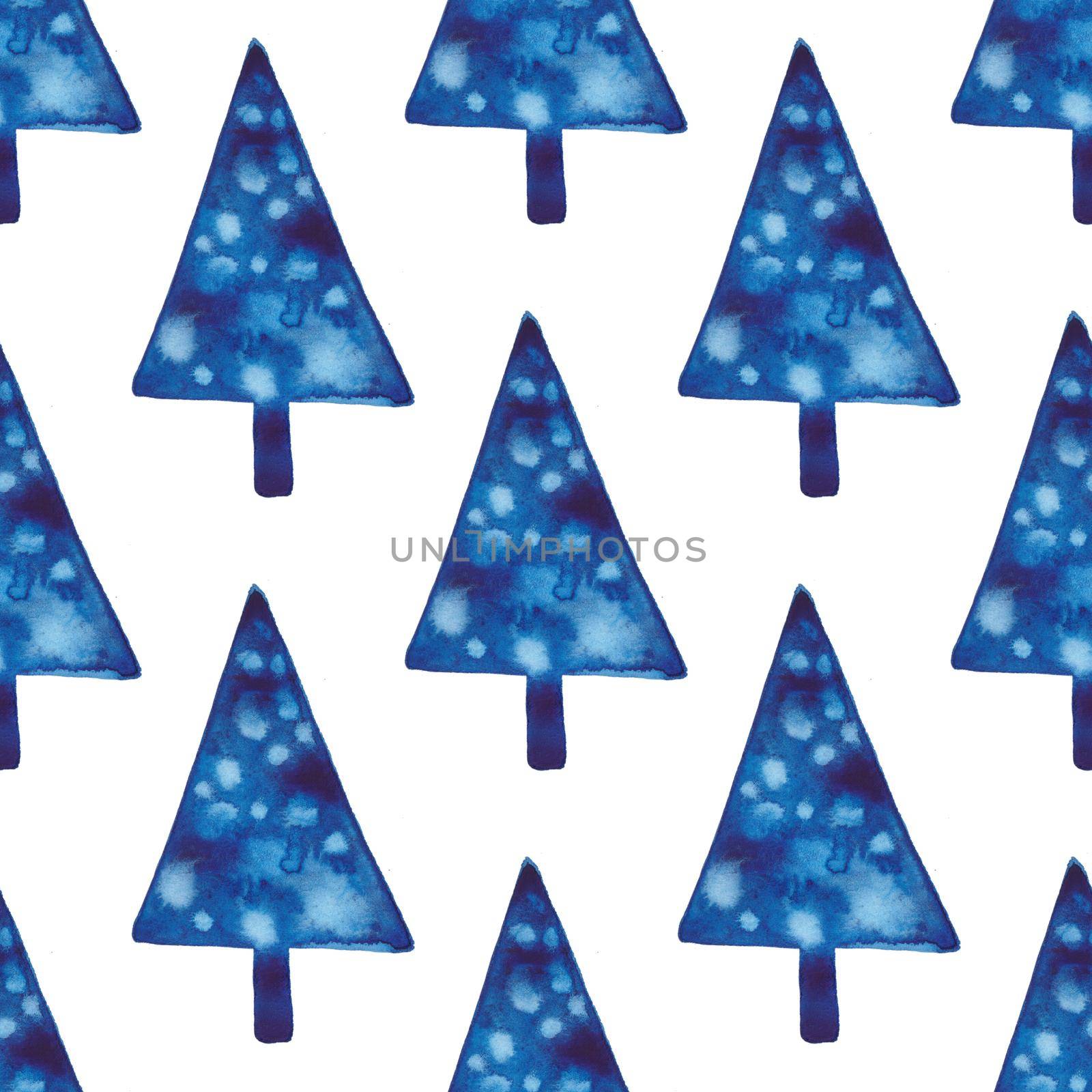 XMAS watercolor Pine Tree Seamless Pattern in Blue Color. Hand Painted fir tree background or wallpaper for Ornament, Wrapping or Christmas Gift.