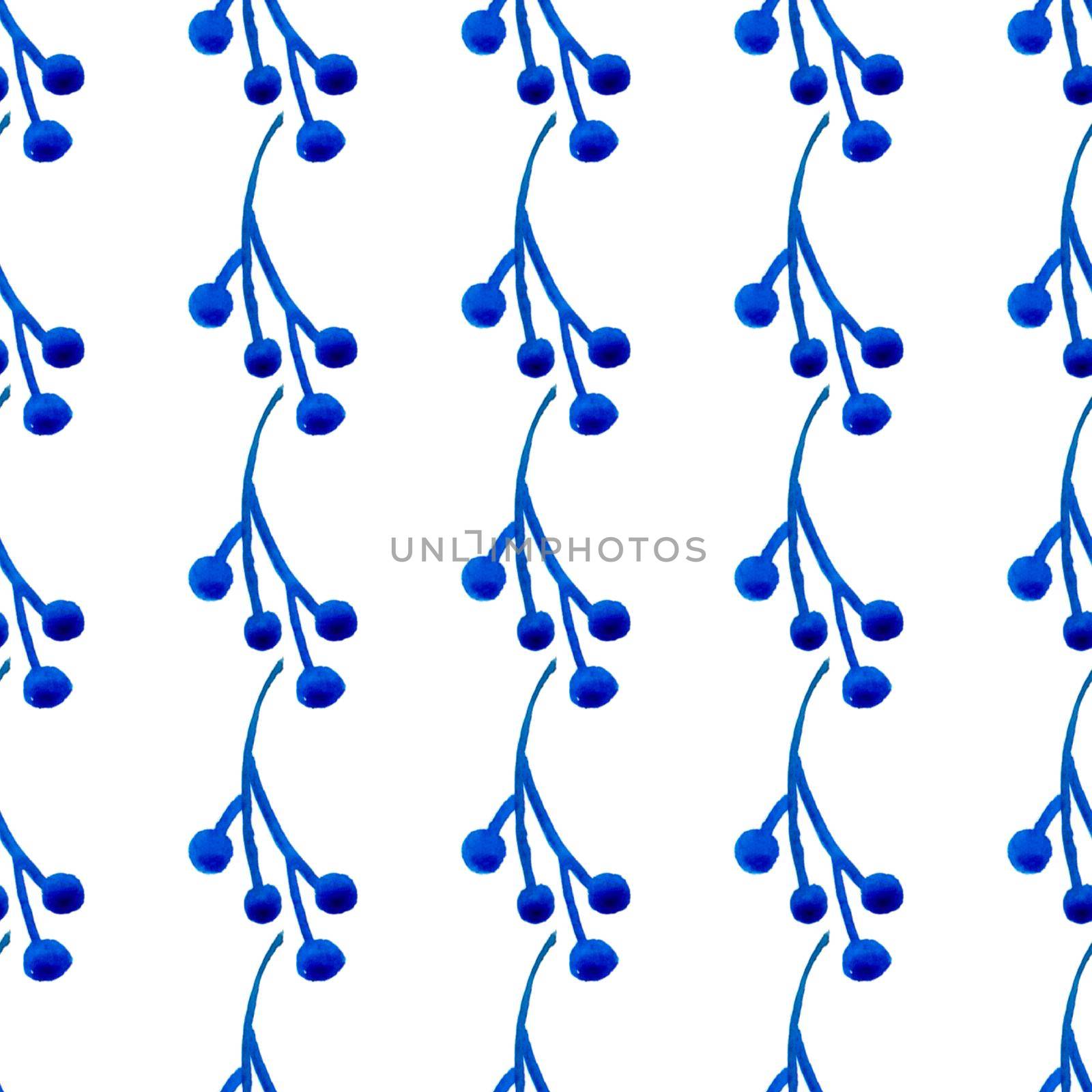 XMAS watercolor Branch Berry Seamless Pattern in Blue Color. Hand Painted background or wallpaper for Ornament, Wrapping or Christmas Gift.