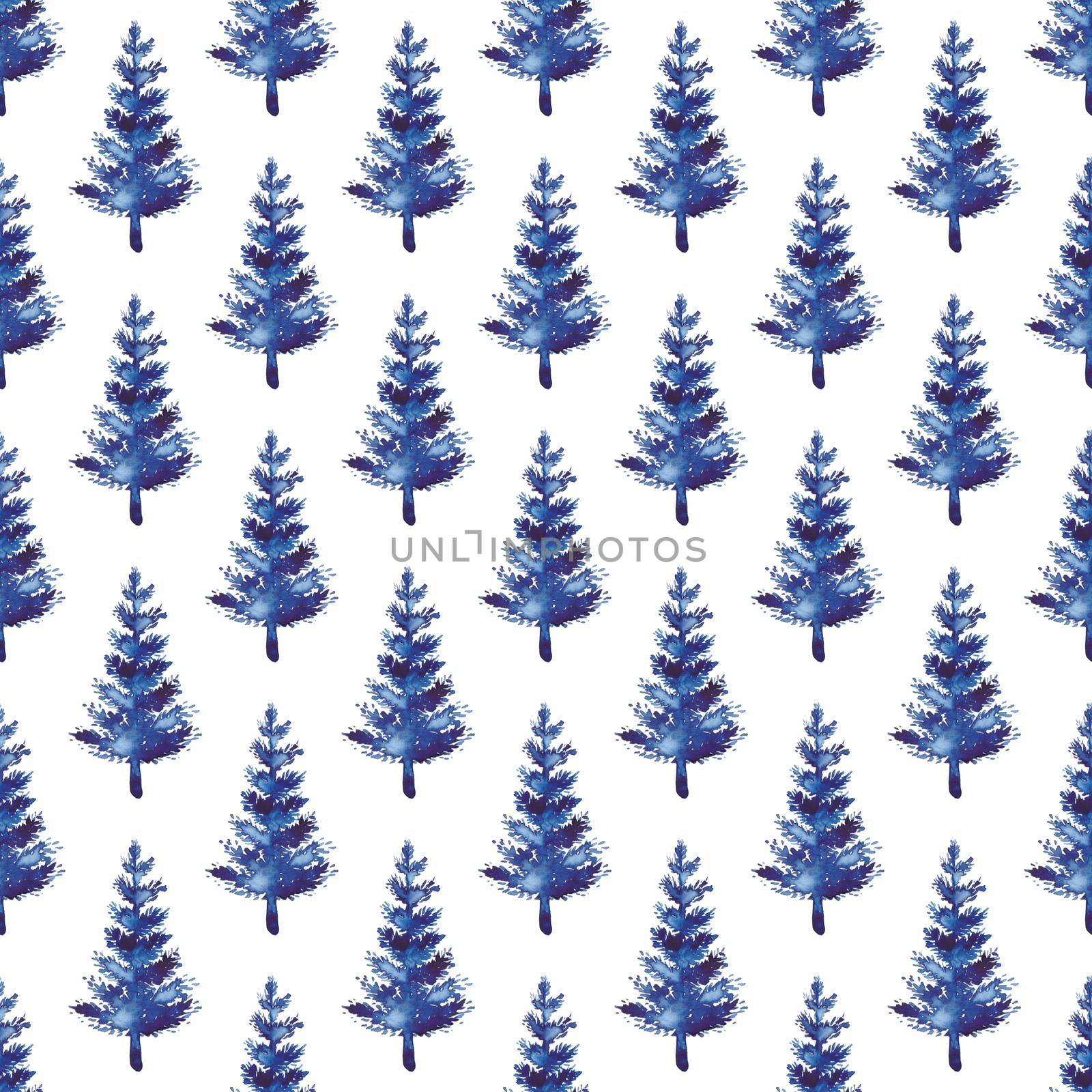 XMAS watercolor Fir Tree Seamless Pattern in Blue Color. Hand Painted Spruce Pine tree background or wallpaper for Ornament, Wrapping or Christmas Decoration.