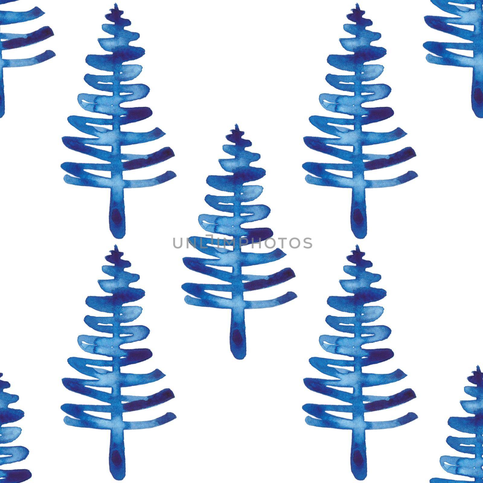 XMAS watercolor Fir Tree Seamless Pattern in Blue Color. Hand Painted Spruce Pine tree background or wallpaper for Ornament, Wrapping or Christmas Decoration by DesignAB