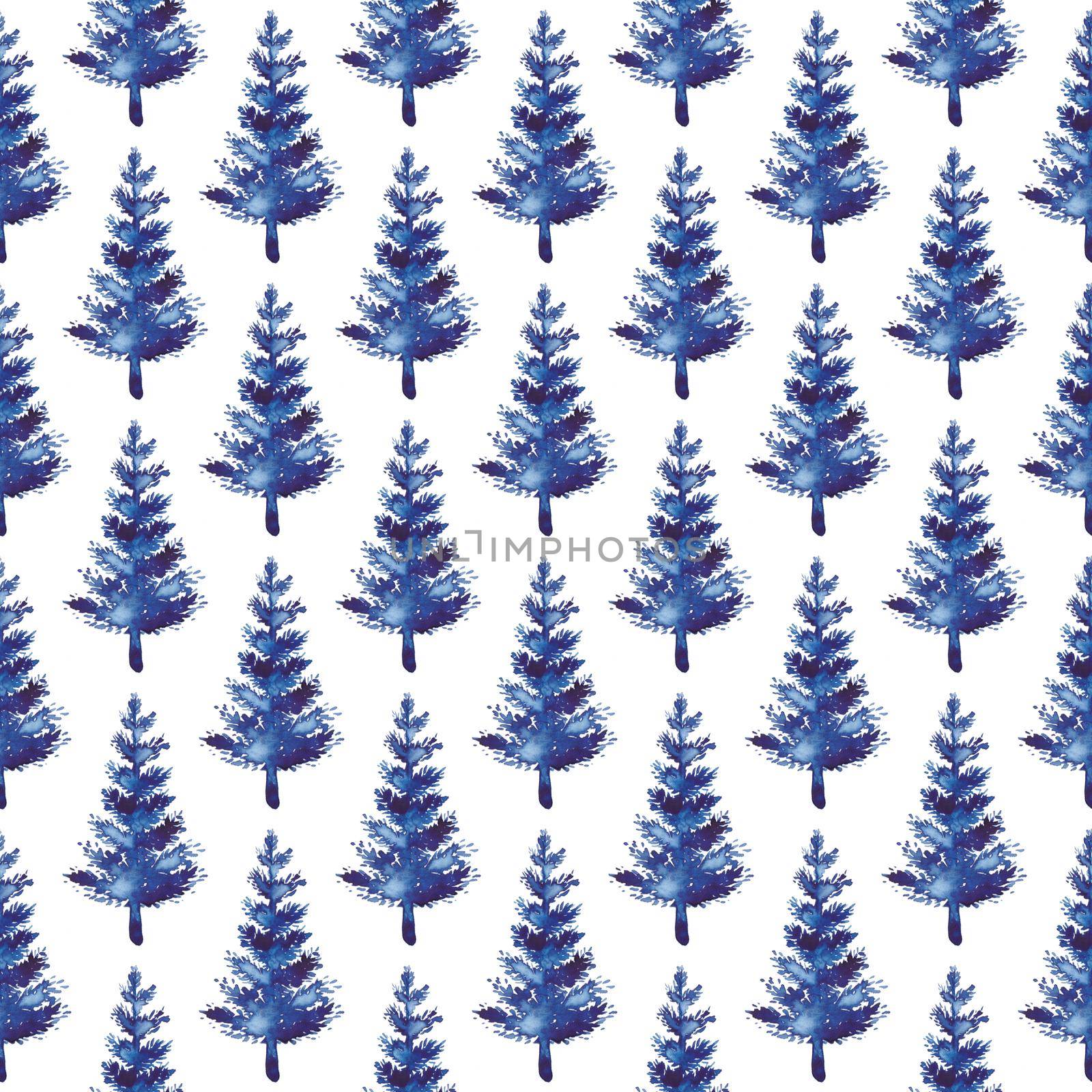 XMAS watercolor Fir Tree Seamless Pattern in Blue Color. Hand Painted Spruce Pine tree background or wallpaper for Ornament, Wrapping or Christmas Decoration.