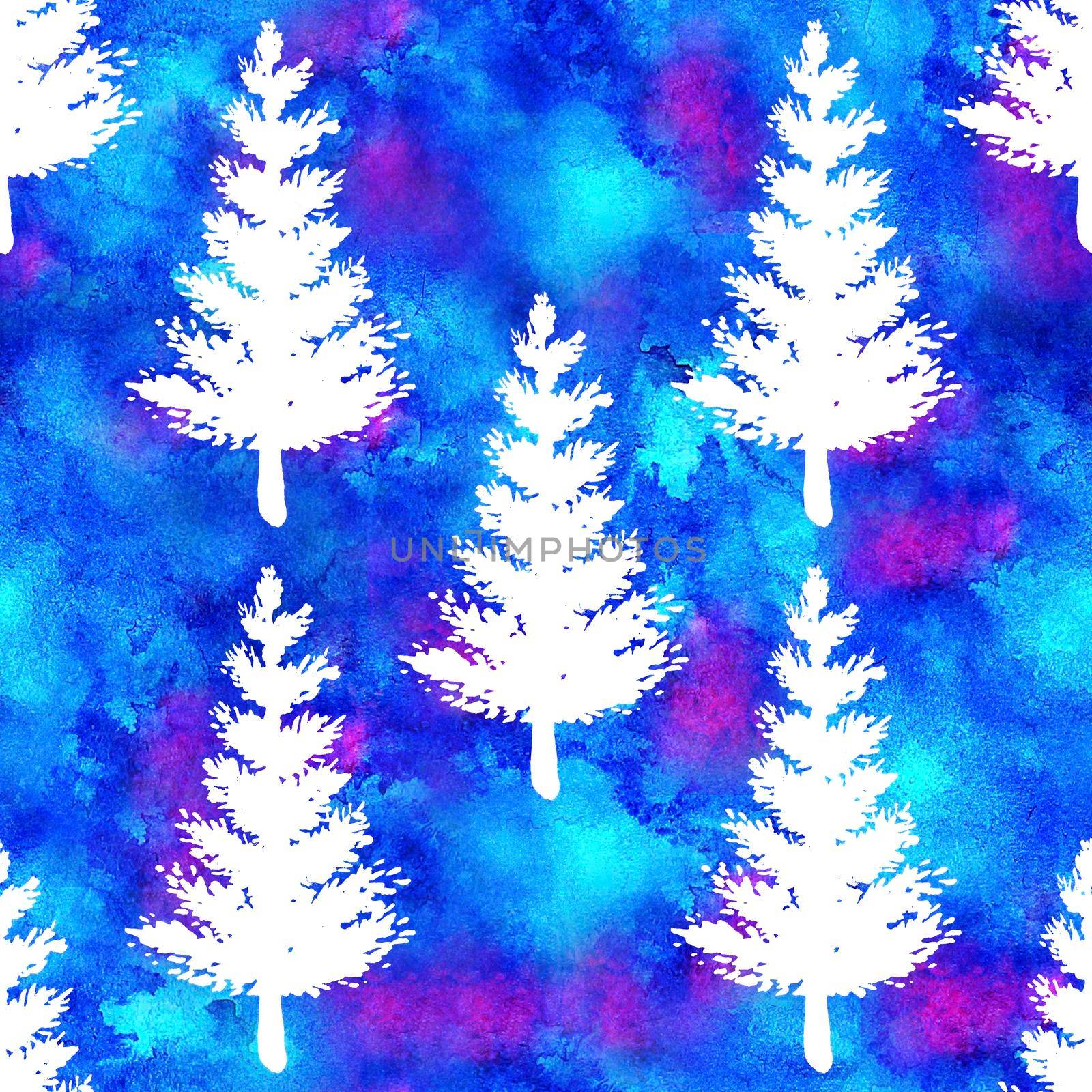 XMAS watercolour Fir Tree Seamless Pattern in White Color on Blue watercolor background. Hand-Painted Spruce Pine tree wallpaper for Ornament, Wrapping or Christmas Decoration by DesignAB