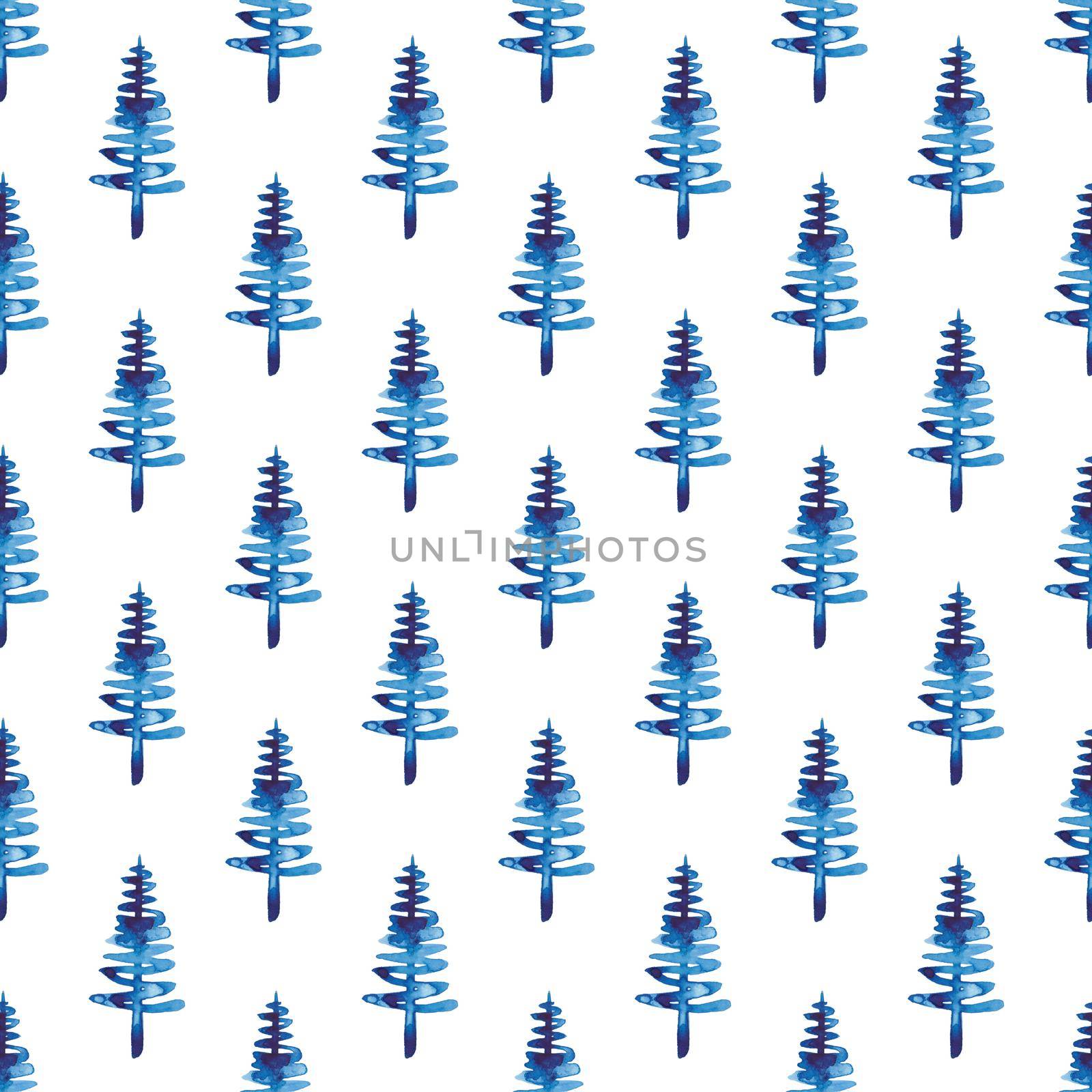 XMAS watercolor Fir Tree Seamless Pattern in Blue Color. Hand Painted Spruce Pine tree background or wallpaper for Ornament, Wrapping or Christmas Decoration.