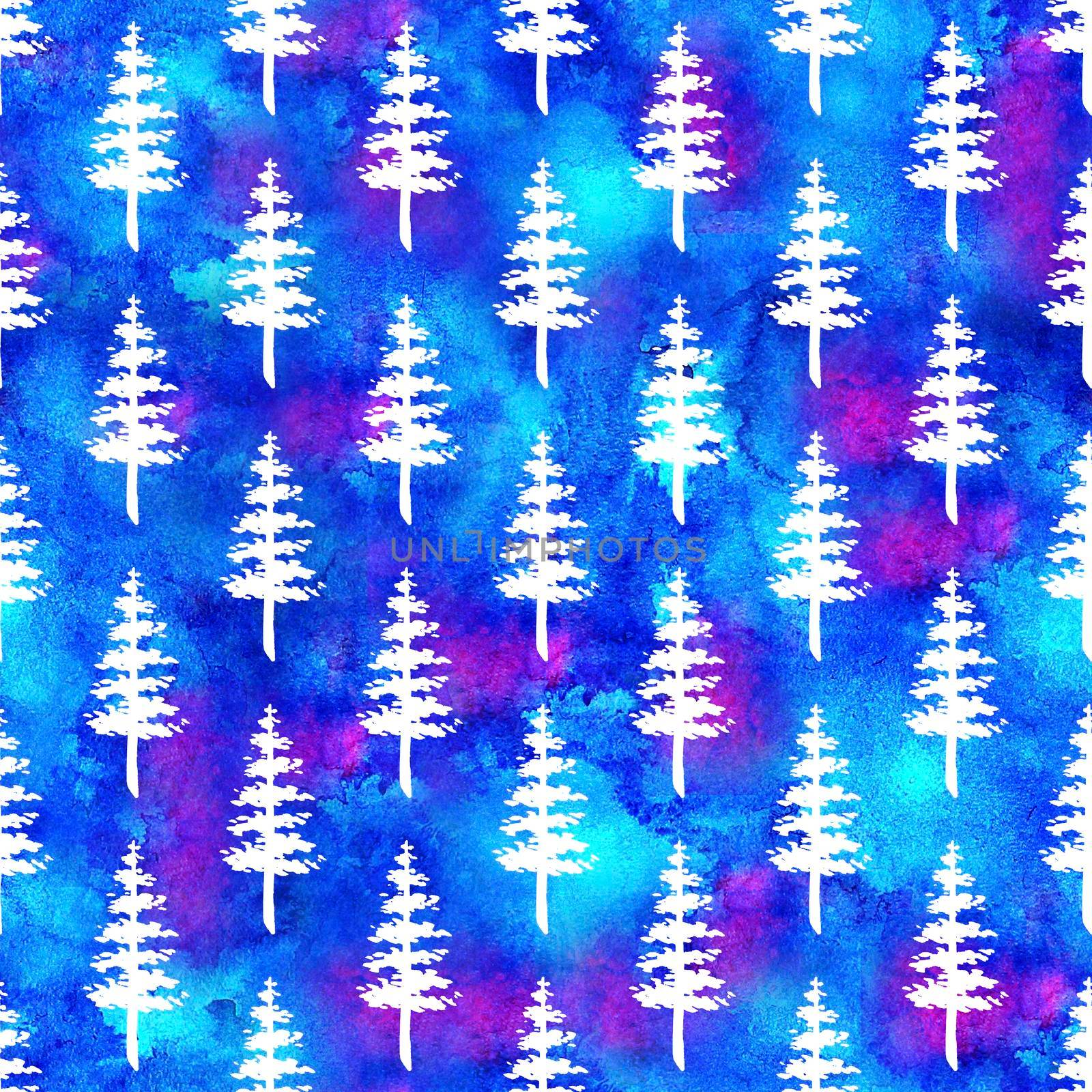 XMAS watercolour Fir Tree Seamless Pattern in White Color on Blue watercolor background. Hand-Painted Spruce Pine tree wallpaper for Ornament, Wrapping or Christmas Decoration.