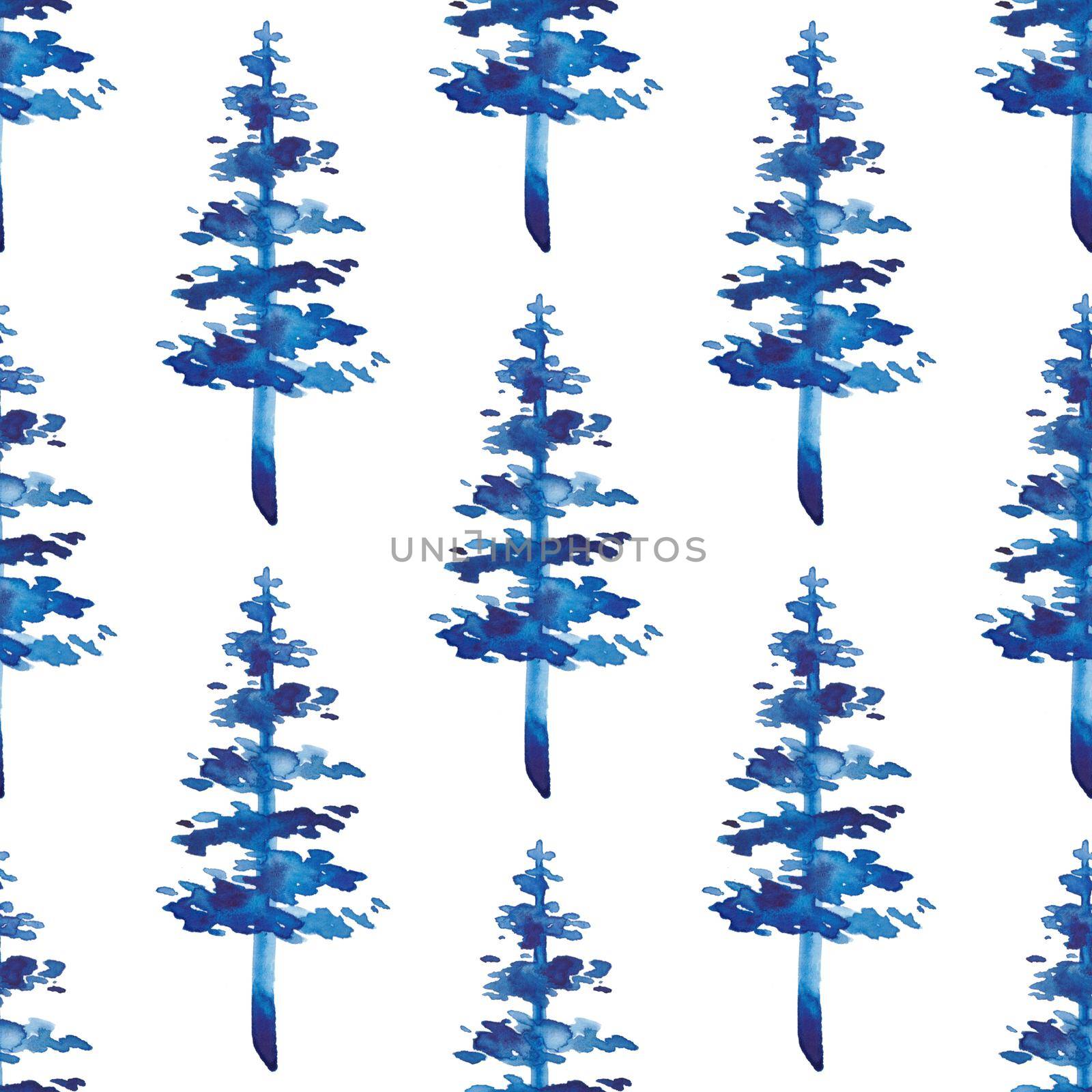 XMAS watercolor Fir Tree Seamless Pattern in Blue Color. Hand Painted Spruce Pine tree background or wallpaper for Ornament, Wrapping or Christmas Decoration.