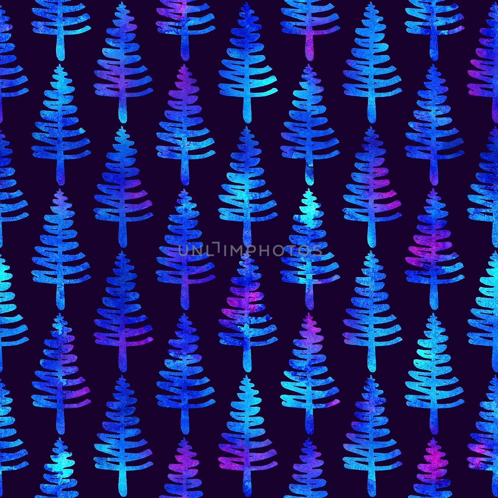 XMAS watercolour Fir Tree Seamless Pattern in White Color on Dark Blue background. Hand-Painted Spruce Pine tree wallpaper for Ornament, Wrapping or Christmas Decoration.