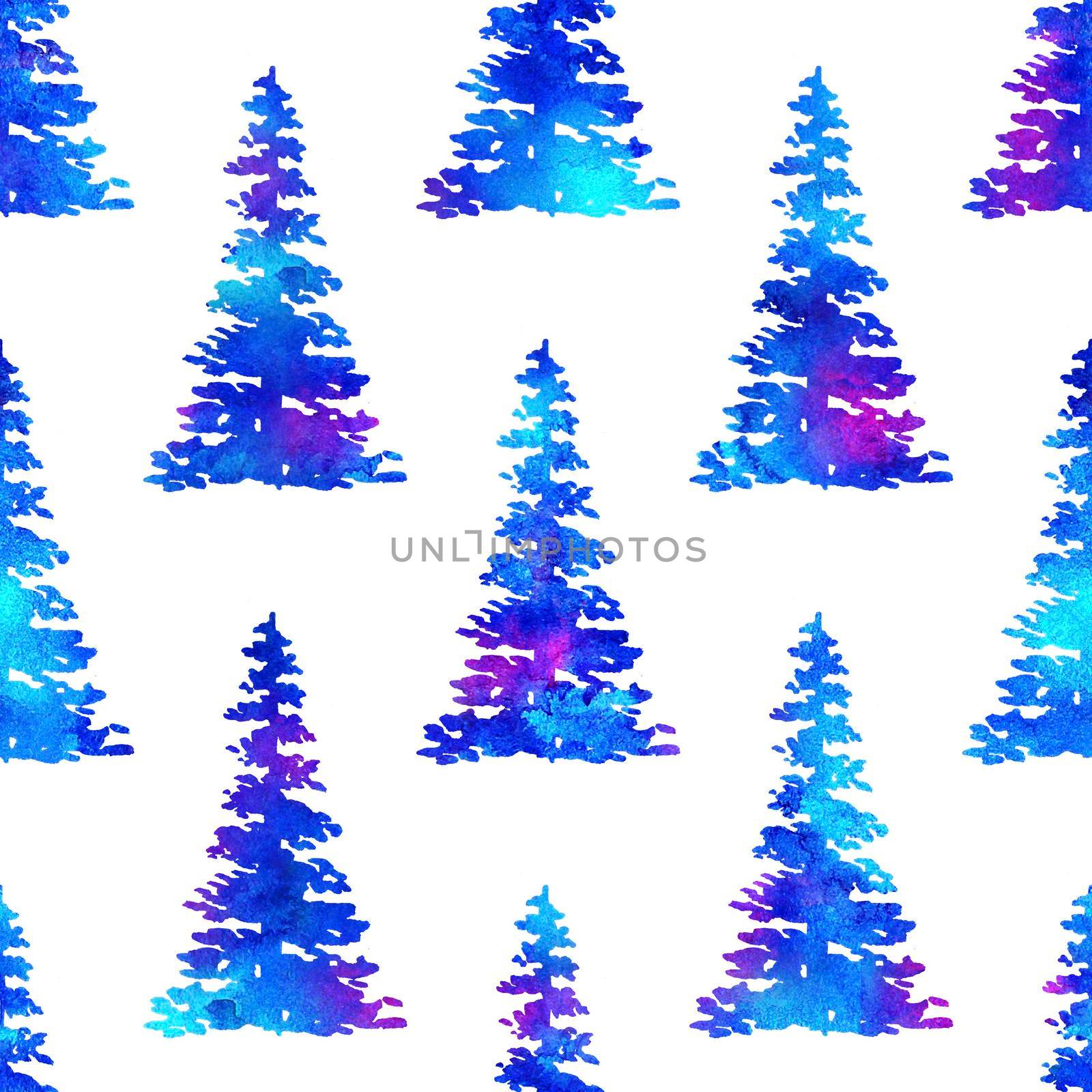 XMAS watercolour Fir Tree Seamless Pattern in Blue Color on white background. Hand-Painted Watercolor Spruce Pine tree wallpaper for Ornament, Wrapping or Christmas Decoration.