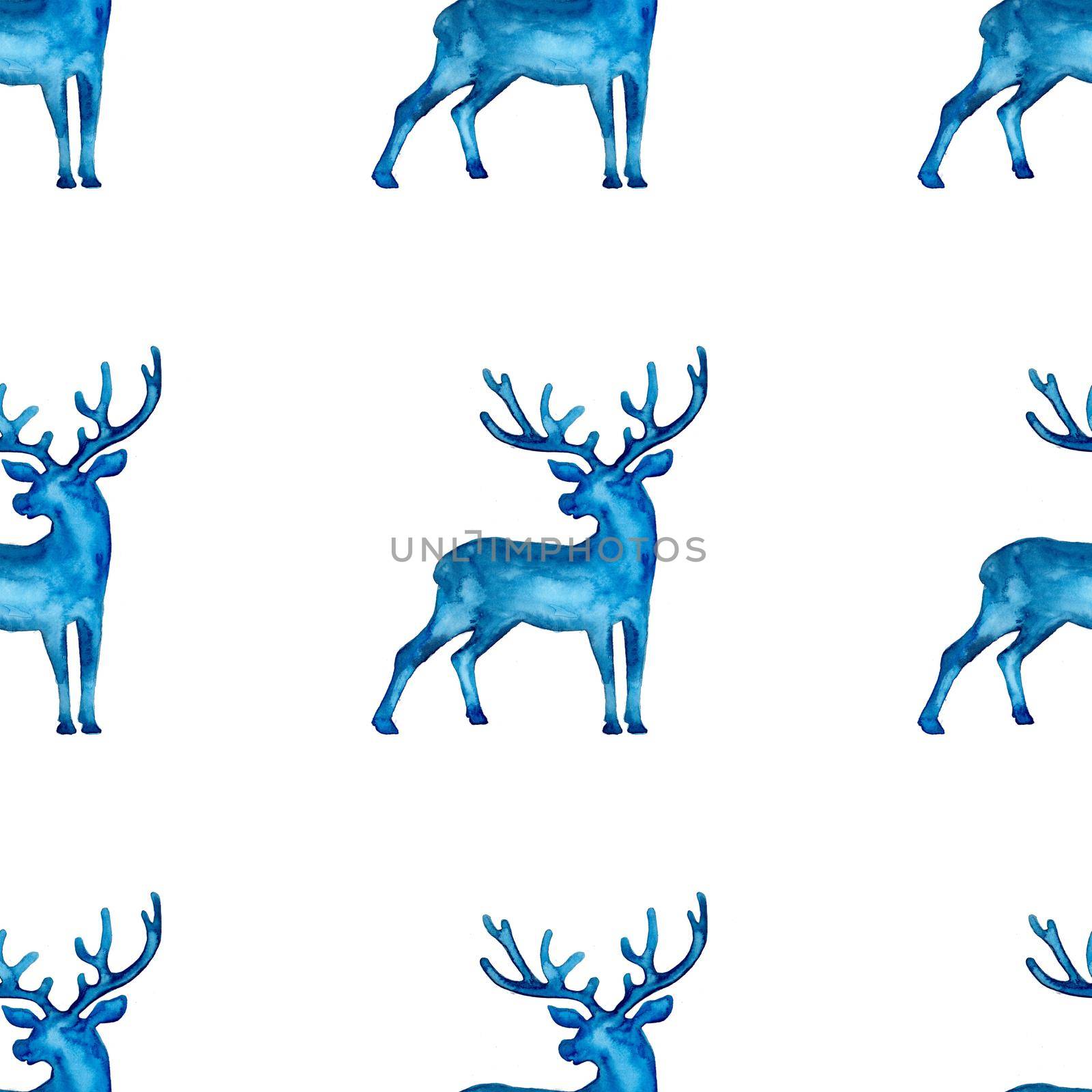 Reindeer XMAS watercolor Deer Stag eamless Pattern in Blue Color. Hand Painted Animal Moose background or wallpaper for Ornament, Wrapping or Christmas Gift.