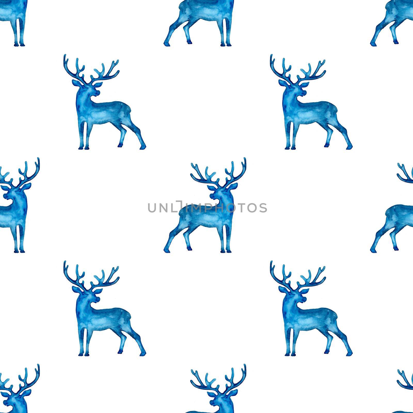 Reindeer XMAS watercolor Deer Stag eamless Pattern in Blue Color. Hand Painted Animal Moose background or wallpaper for Ornament, Wrapping or Christmas Gift.