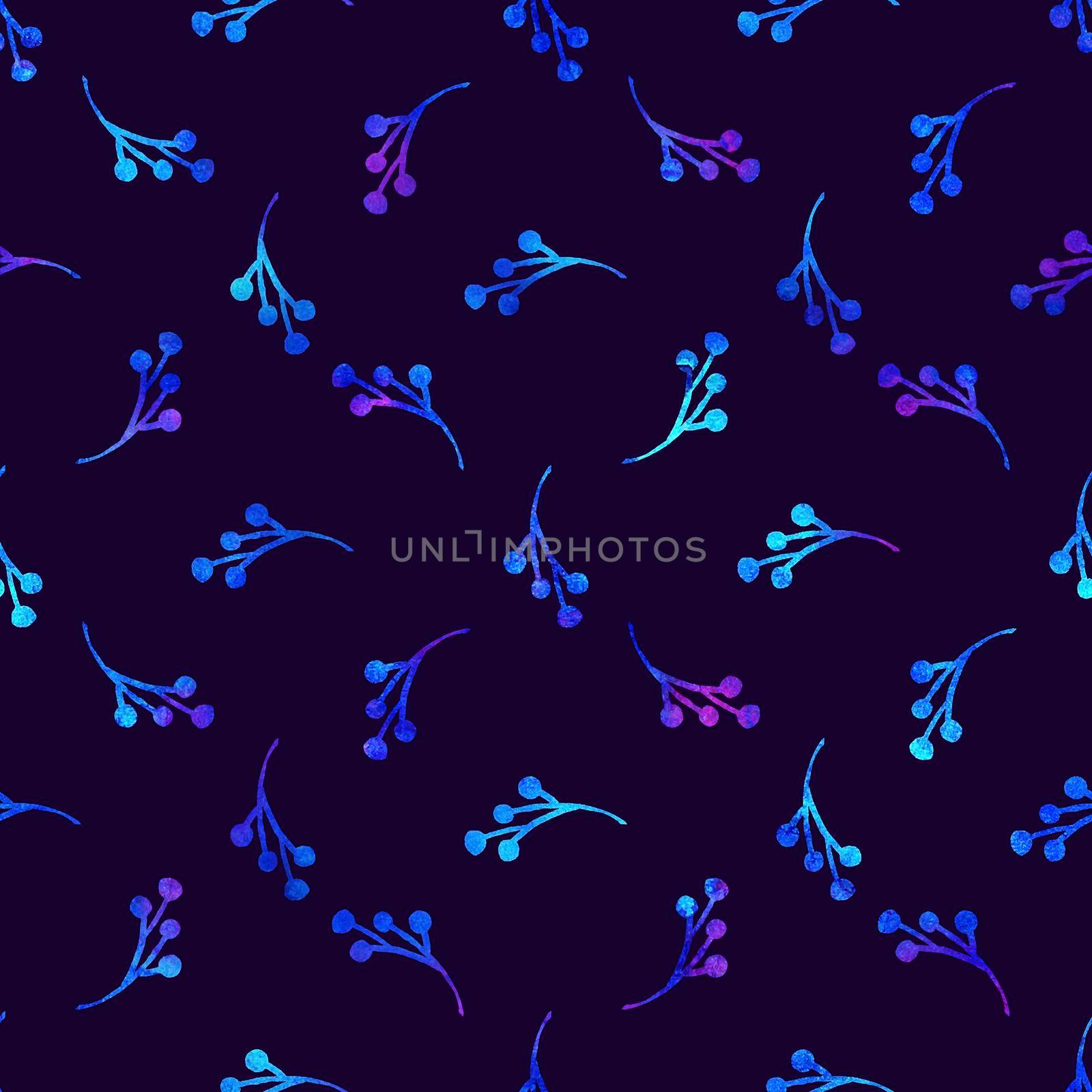 XMAS watercolor Branch Berry Seamless Pattern in Blue Color. Hand Painted background or wallpaper for Ornament, Wrapping or Christmas Gift.