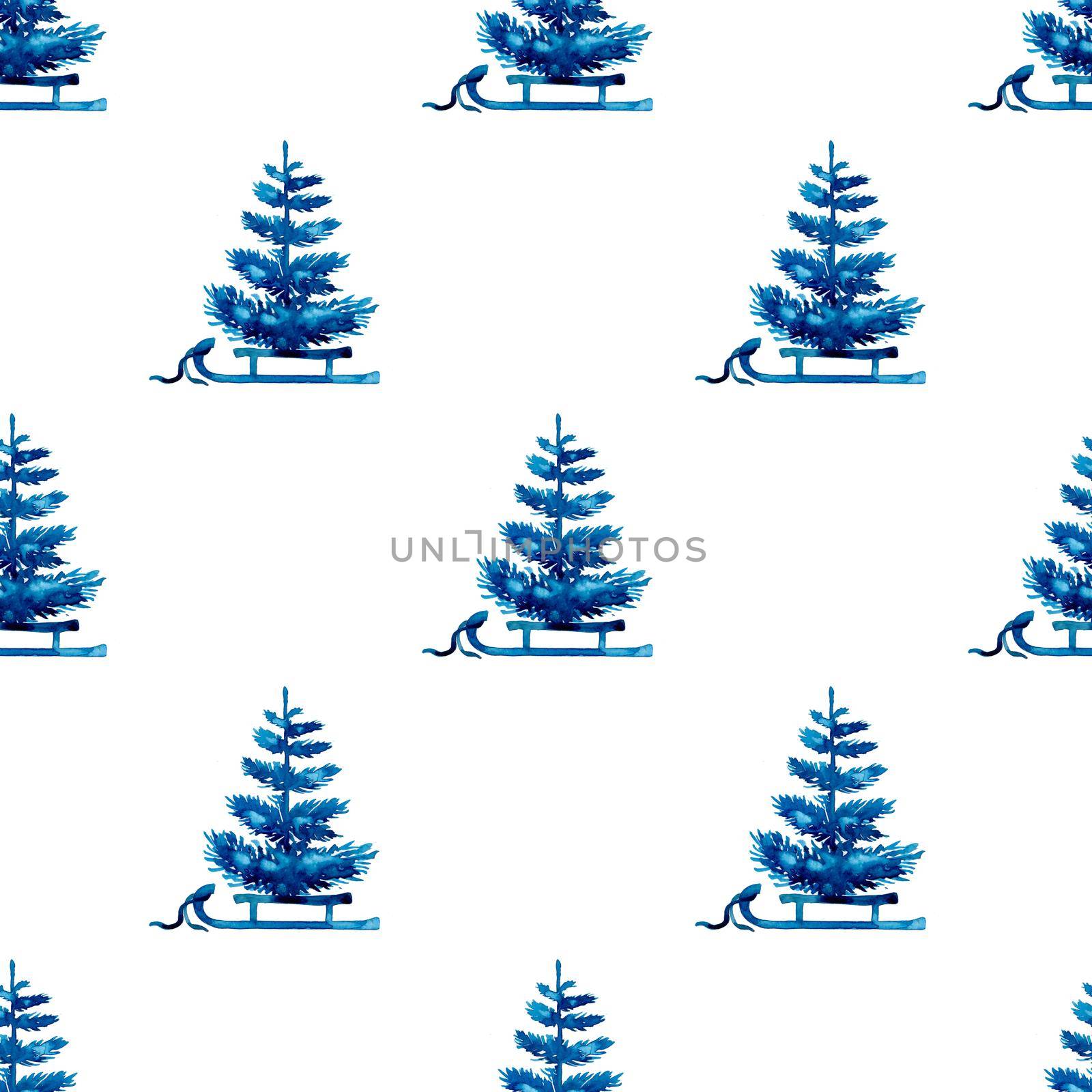 XMAS watercolor Pine Tree and Sleigh Seamless Pattern in Blue Color. Hand Painted fir tree background or wallpaper for Ornament, Wrapping or Christmas Gift by DesignAB