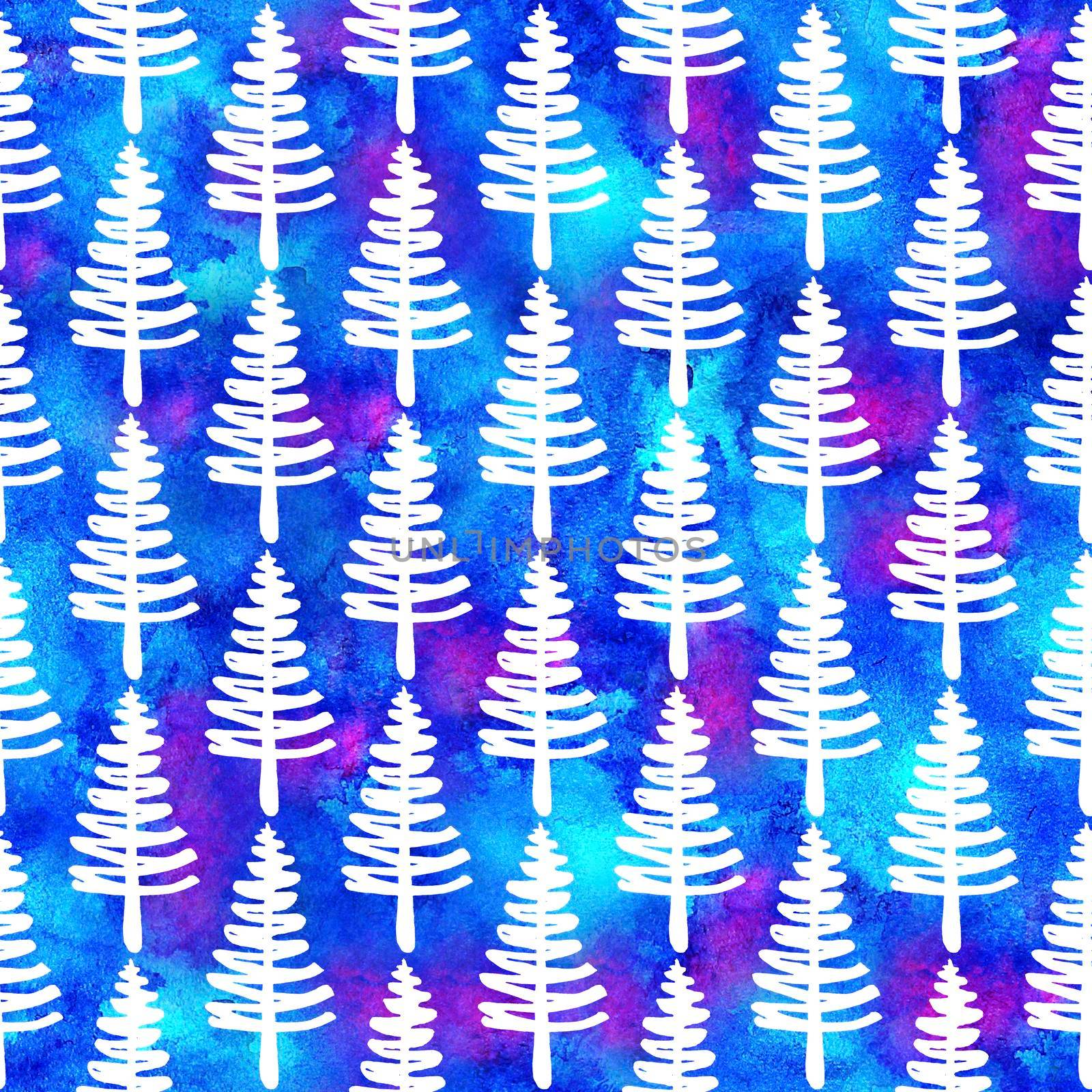 XMAS watercolour Fir Tree Seamless Pattern in Blue Color on white background. Hand-Painted Watercolor Spruce Pine tree wallpaper for Ornament, Wrapping or Christmas Decoration.