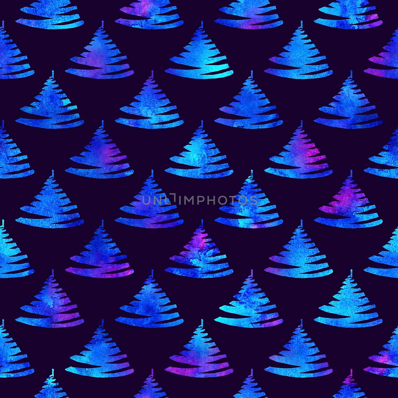 XMAS watercolour Fir Tree Seamless Pattern in White Color on Dark Blue background. Hand-Painted Spruce Pine tree wallpaper for Ornament, Wrapping or Christmas Decoration.