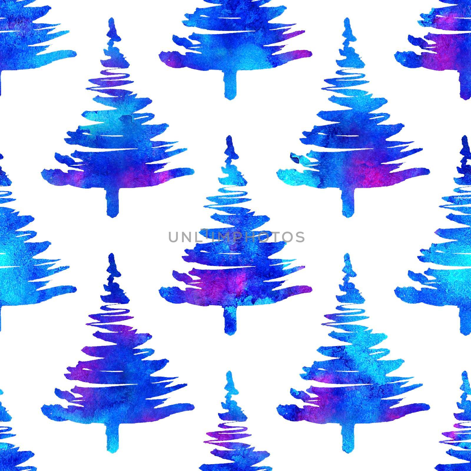 XMAS watercolour Fir Tree Seamless Pattern in Blue Color on white background. Hand-Painted Watercolor Spruce Pine tree wallpaper for Ornament, Wrapping or Christmas Decoration by DesignAB