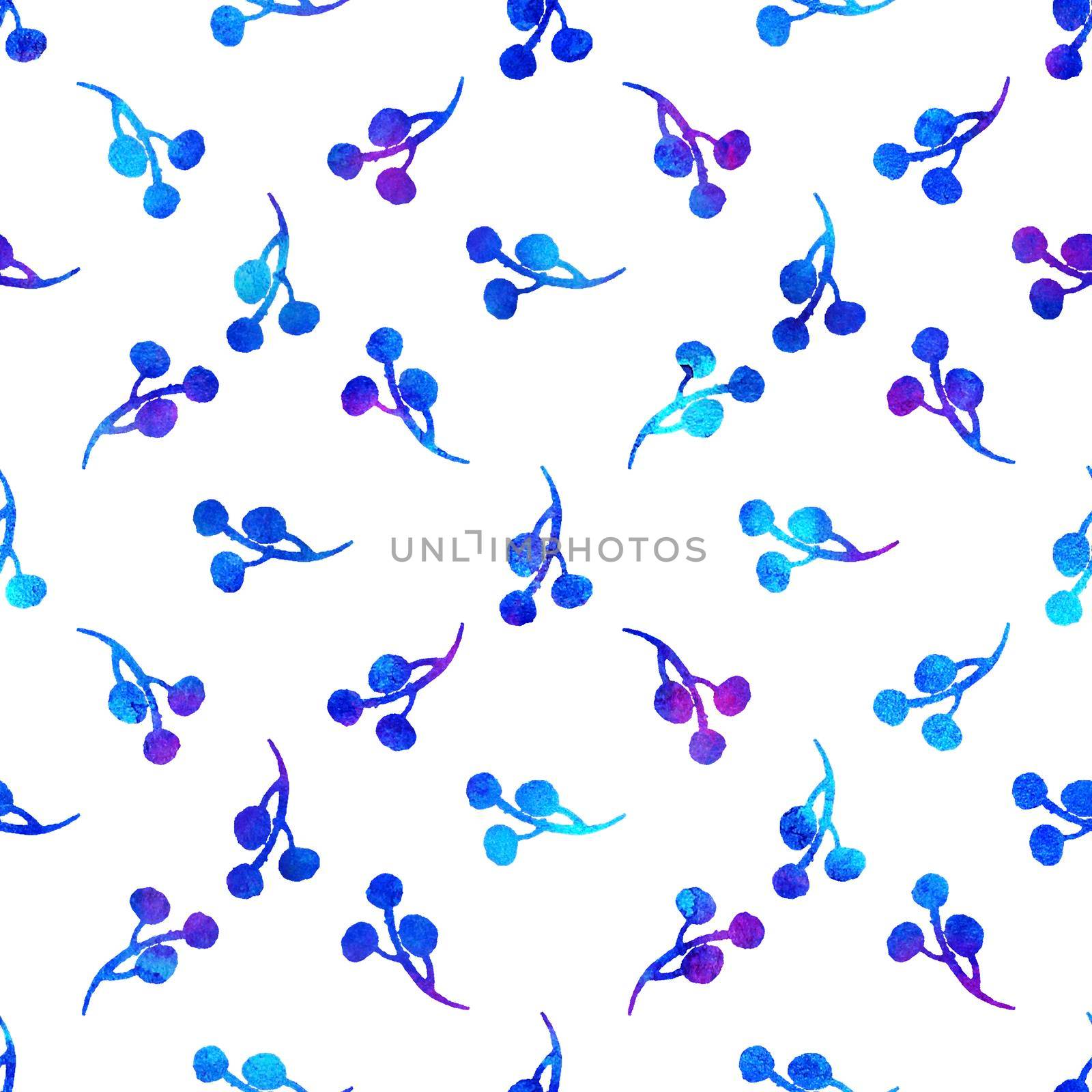 XMAS watercolor Branch Berry Seamless Pattern in Blue Color. Hand Painted background or wallpaper for Ornament, Wrapping or Christmas Gift.