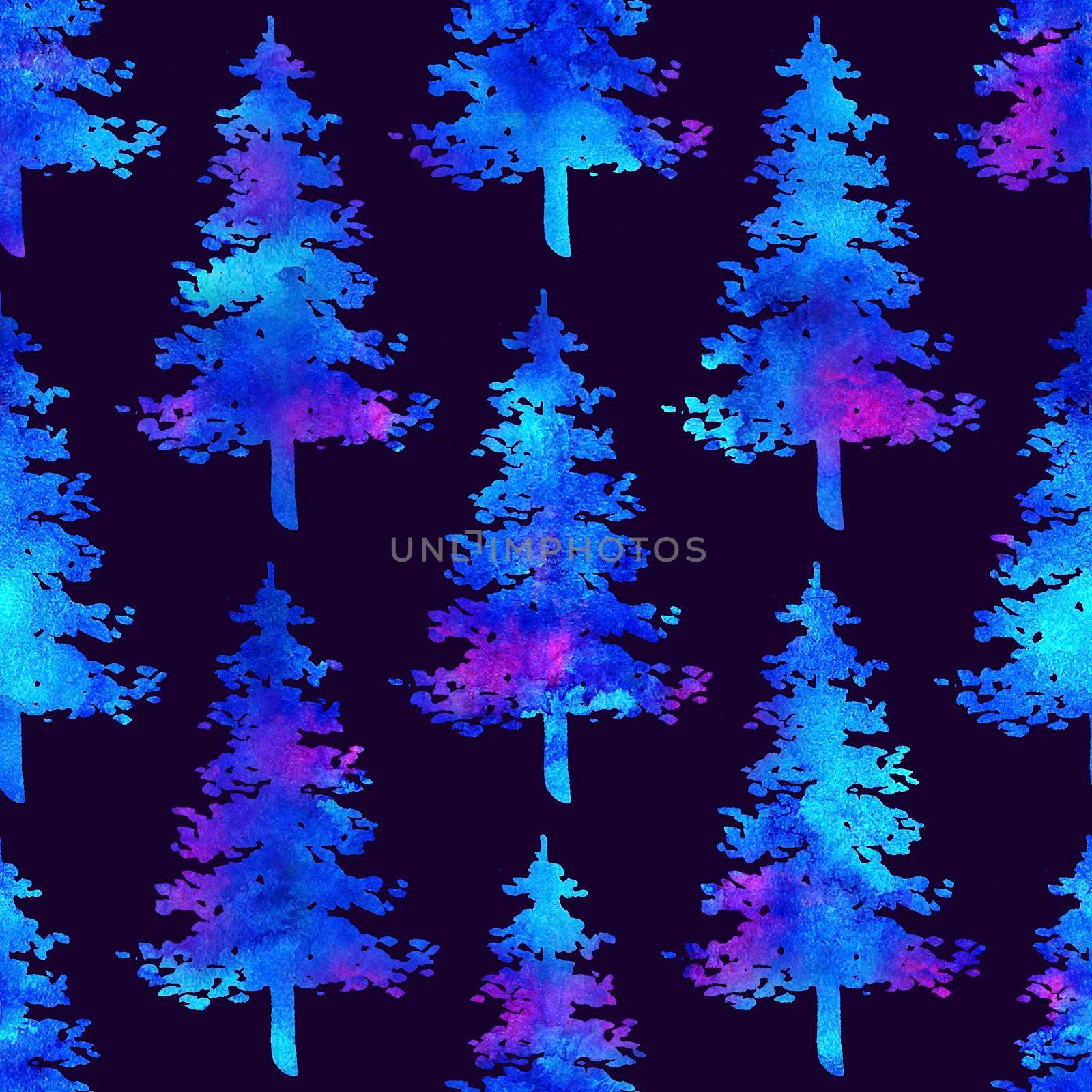 XMAS watercolour Fir Tree Seamless Pattern in White Color on Dark Blue background. Hand-Painted Spruce Pine tree wallpaper for Ornament, Wrapping or Christmas Decoration.