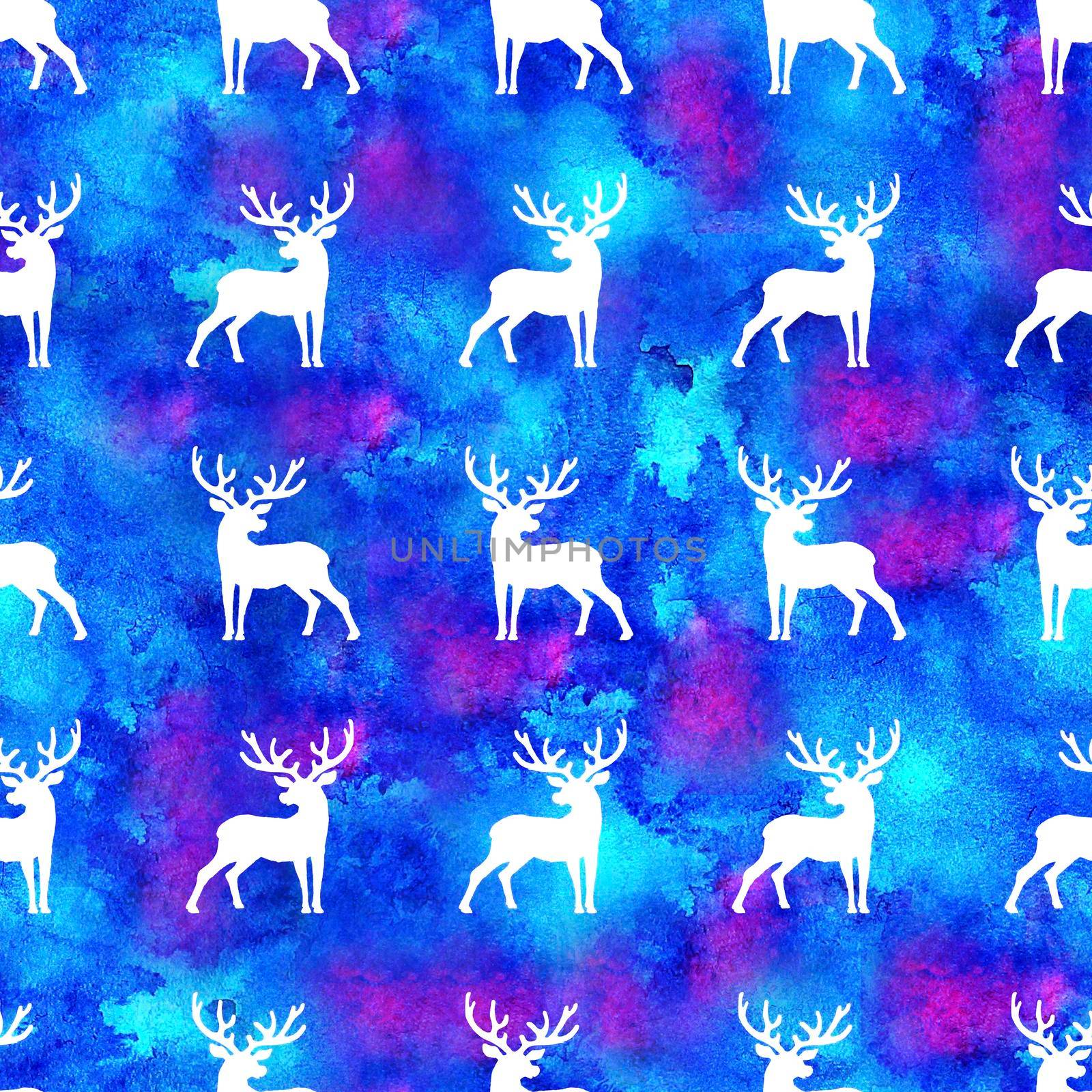 Reindeer XMAS watercolor Deer Stag eamless Pattern in Blue Color. Hand Painted Animal Moose background or wallpaper for Ornament, Wrapping or Christmas Gift.