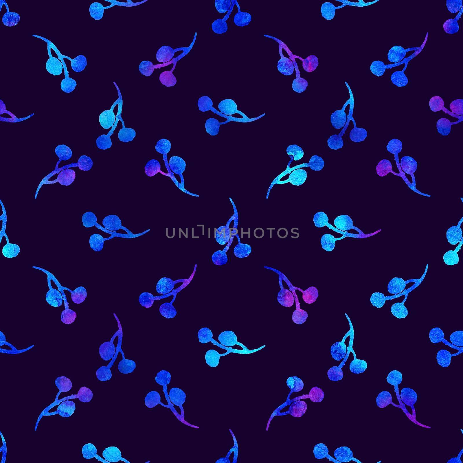 XMAS watercolor Branch Berry Seamless Pattern in Blue Color. Hand Painted background or wallpaper for Ornament, Wrapping or Christmas Gift.