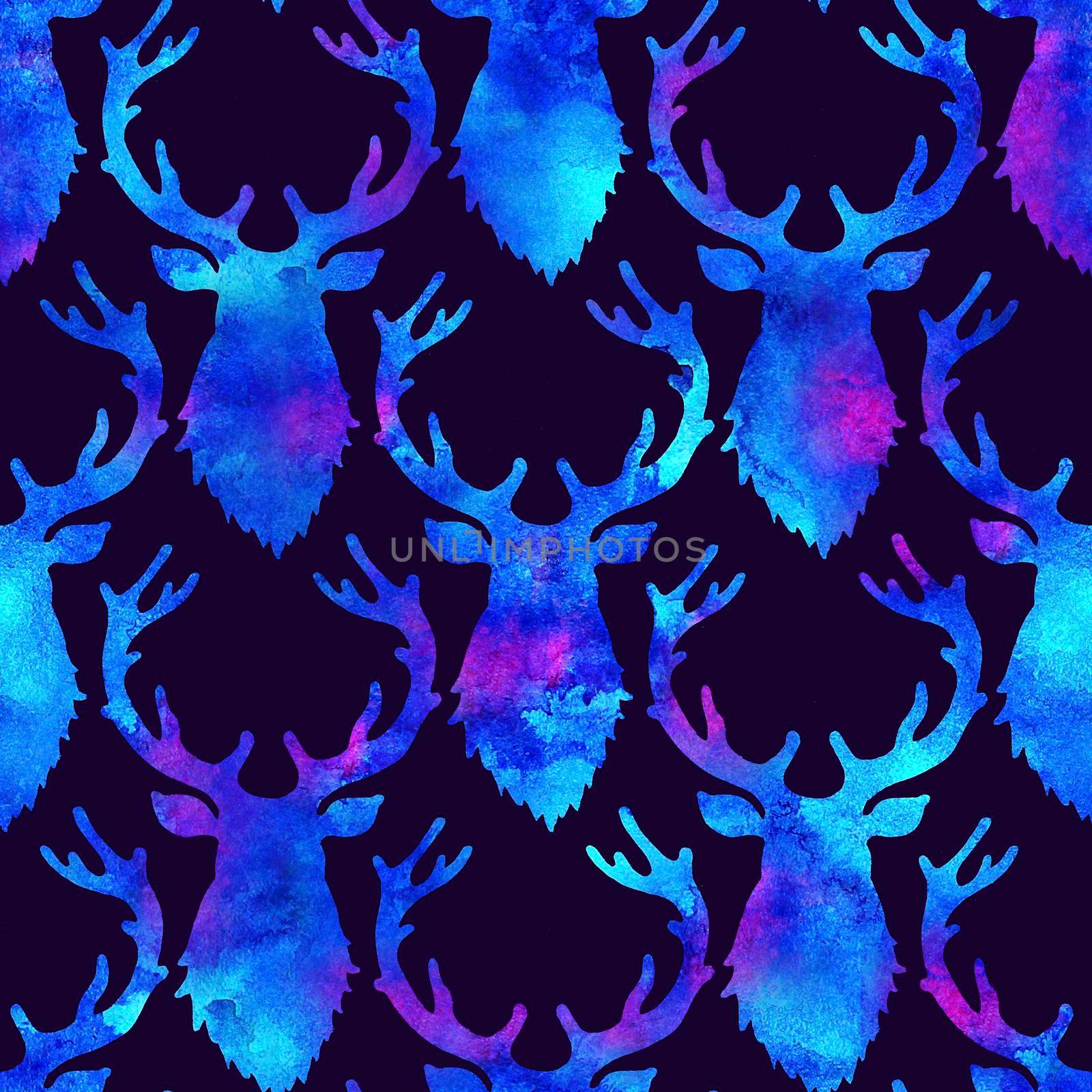 Reindeer XMAS watercolor Deer Stag eamless Pattern in Blue Color. Hand Painted Animal Moose background or wallpaper for Ornament, Wrapping or Christmas Gift.