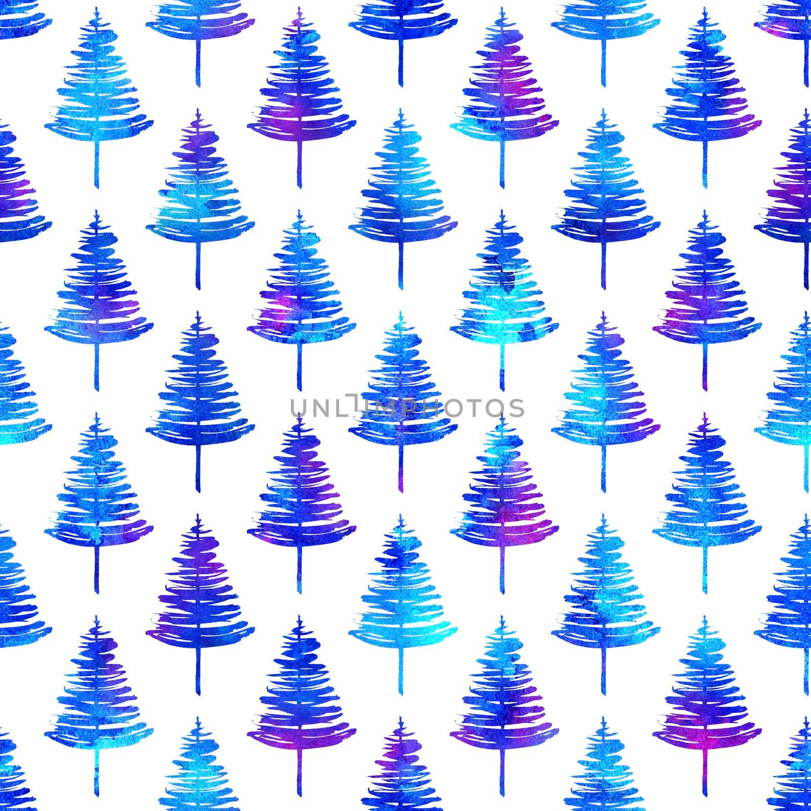 XMAS watercolour Fir Tree Seamless Pattern in Blue Color on white background. Hand-Painted Watercolor Spruce Pine tree wallpaper for Ornament, Wrapping or Christmas Decoration by DesignAB