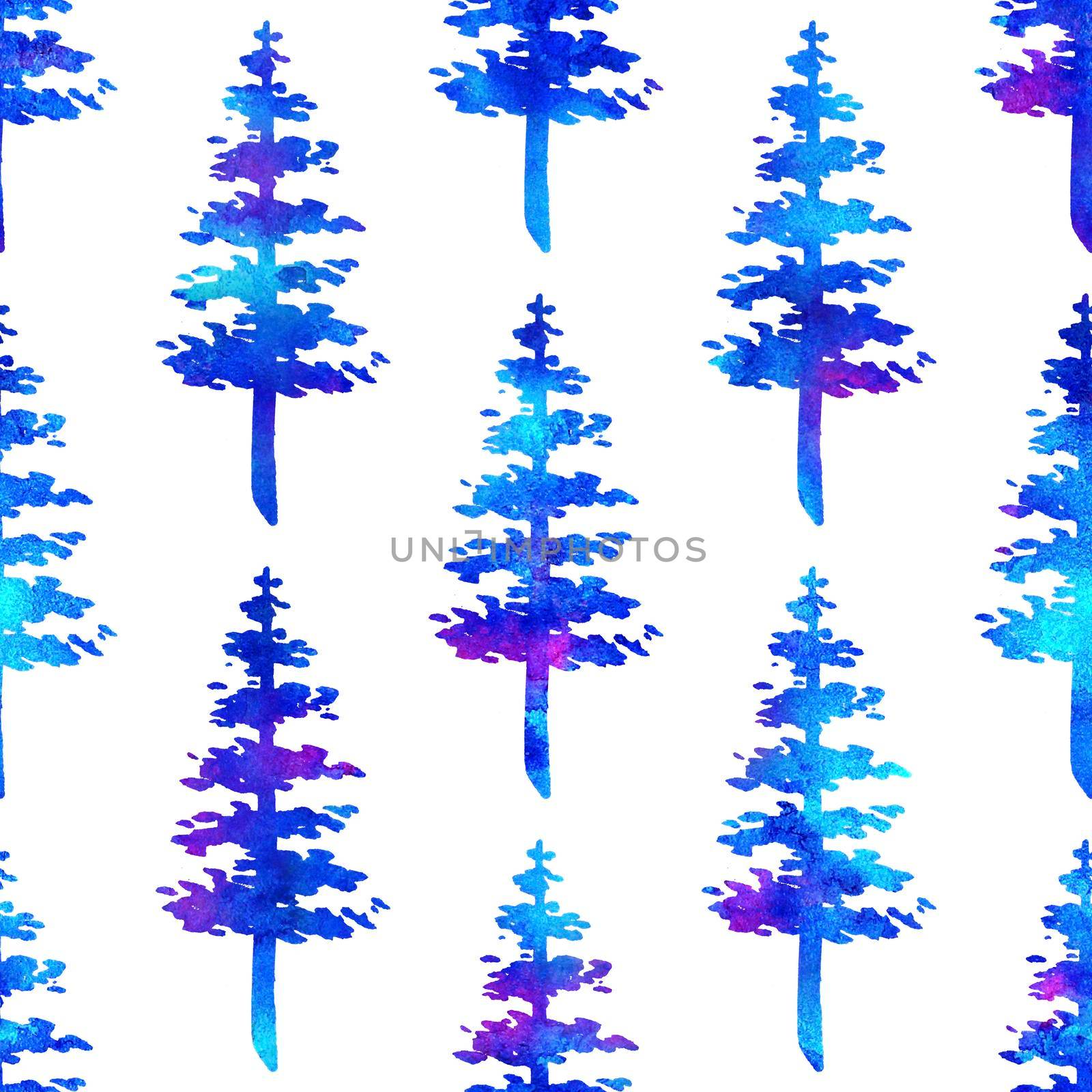 XMAS watercolour Fir Tree Seamless Pattern in Blue Color on white background. Hand-Painted Watercolor Spruce Pine tree wallpaper for Ornament, Wrapping or Christmas Decoration by DesignAB