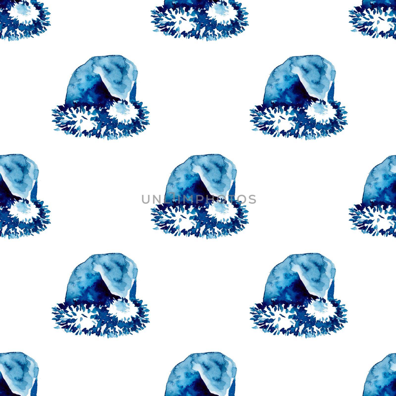 XMAS watercolor Santa Claus Hat Seamless Pattern in Blue Color. Hand PaintedCap Costume background or wallpaper for Ornament, Wrapping or Christmas Gift.