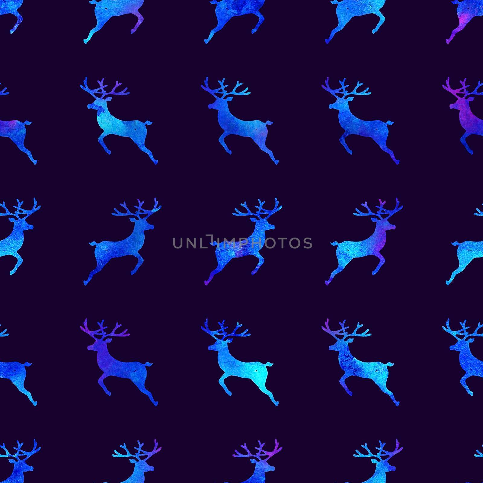 Reindeer XMAS watercolor Deer Stag eamless Pattern in Blue Color. Hand Painted Animal Moose background or wallpaper for Ornament, Wrapping or Christmas Gift.