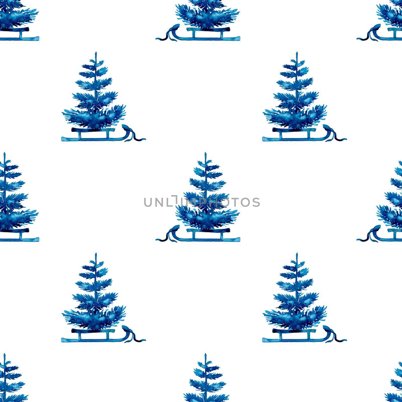 XMAS watercolor Pine Tree and Sleigh Seamless Pattern in Blue Color. Hand Painted fir tree background or wallpaper for Ornament, Wrapping or Christmas Gift.