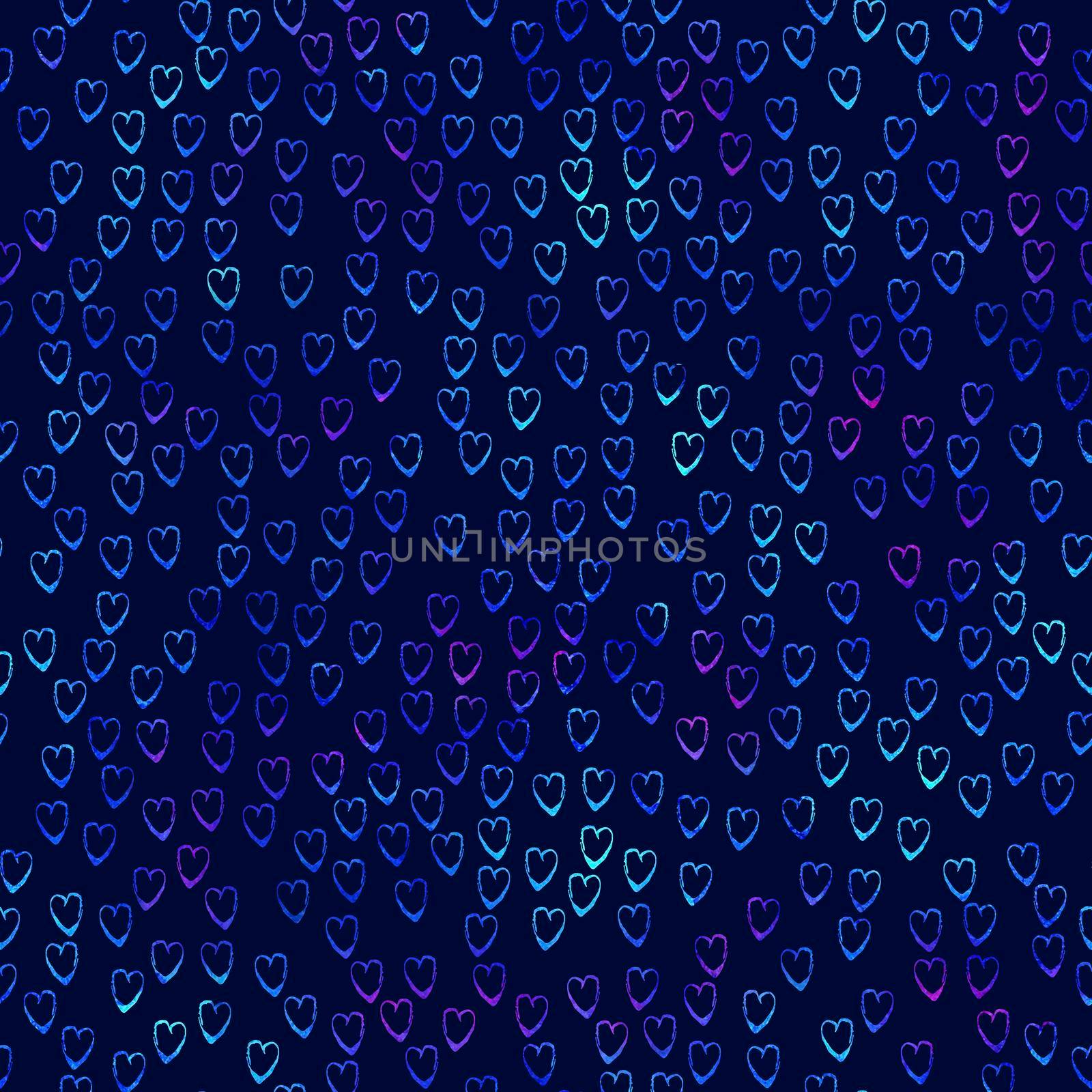 Watercolor Brush Heart Seamless Pattern Love Grange Hand Painted Design in Blue Color. Modern Grung Collage Background for kids fabric and textile.