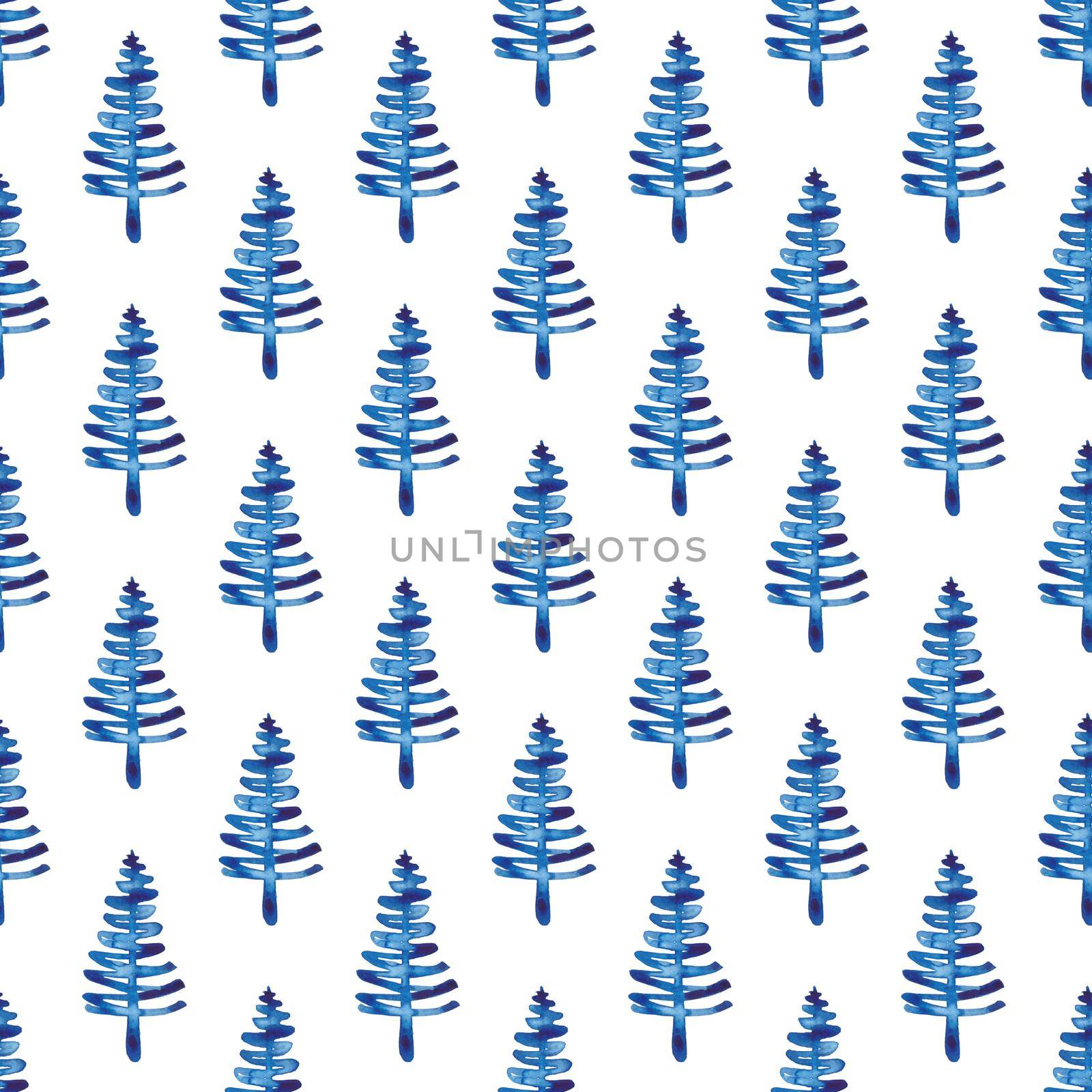 XMAS watercolor Fir Tree Seamless Pattern in Blue Color. Hand Painted Spruce Pine tree background or wallpaper for Ornament, Wrapping or Christmas Decoration.