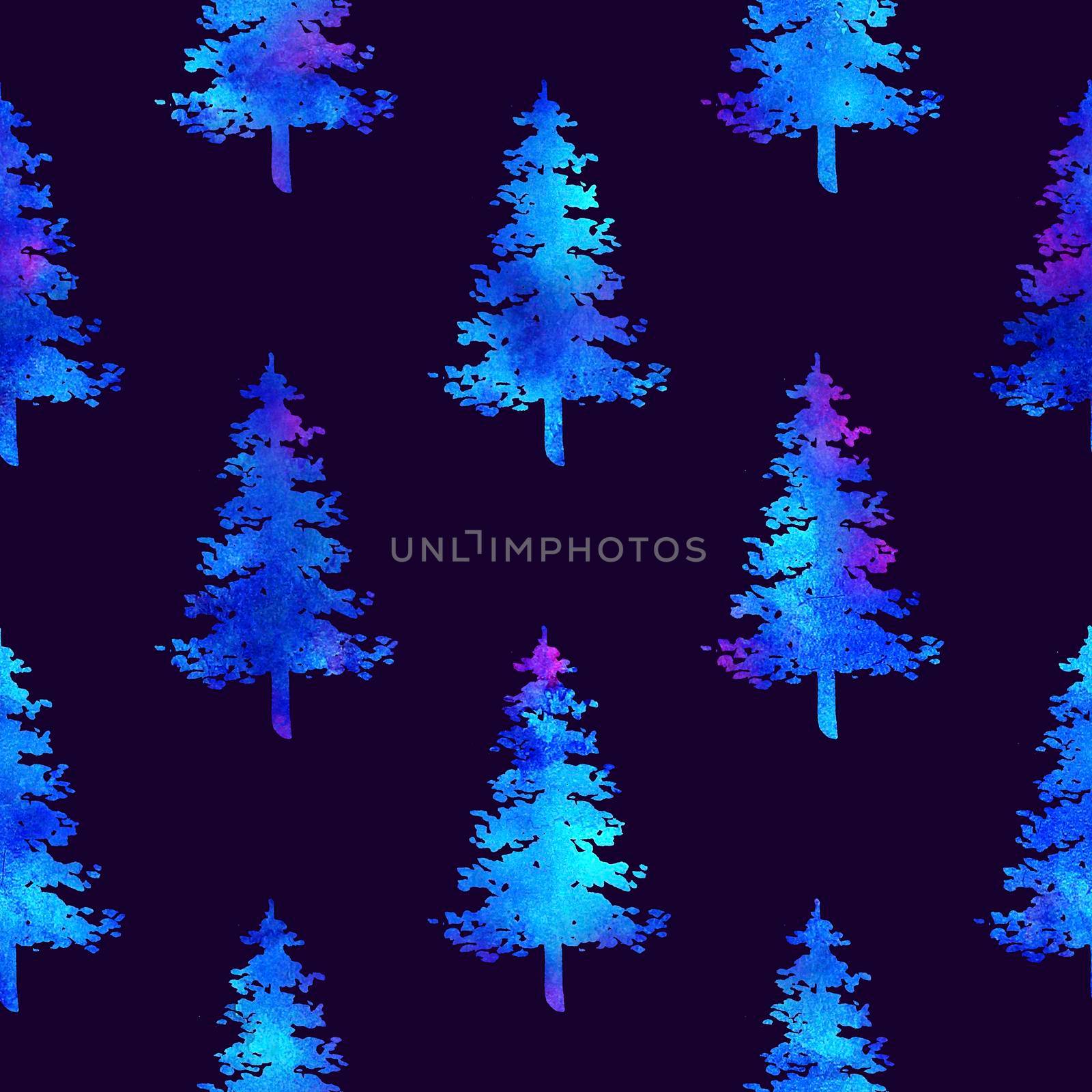 XMAS watercolour Fir Tree Seamless Pattern in White Color on Dark Blue background. Hand-Painted Spruce Pine tree wallpaper for Ornament, Wrapping or Christmas Decoration.