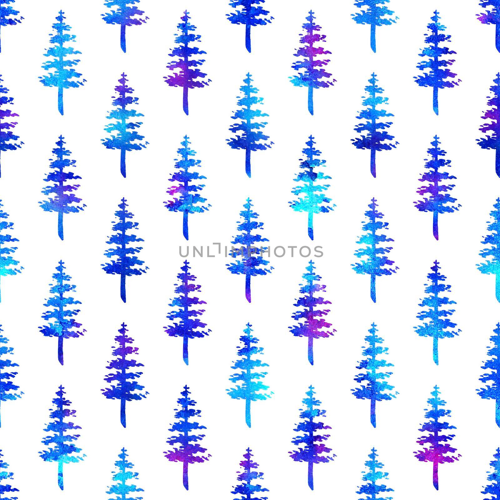 XMAS watercolour Fir Tree Seamless Pattern in Blue Color on white background. Hand-Painted Watercolor Spruce Pine tree wallpaper for Ornament, Wrapping or Christmas Decoration.