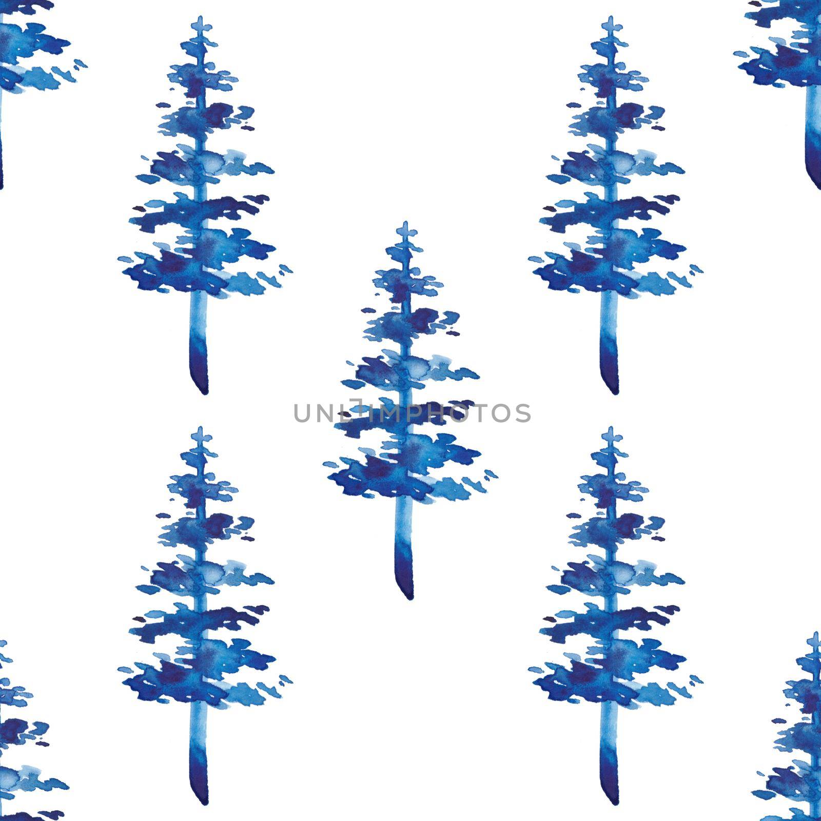 XMAS watercolor Fir Tree Seamless Pattern in Blue Color. Hand Painted Spruce Pine tree background or wallpaper for Ornament, Wrapping or Christmas Decoration.