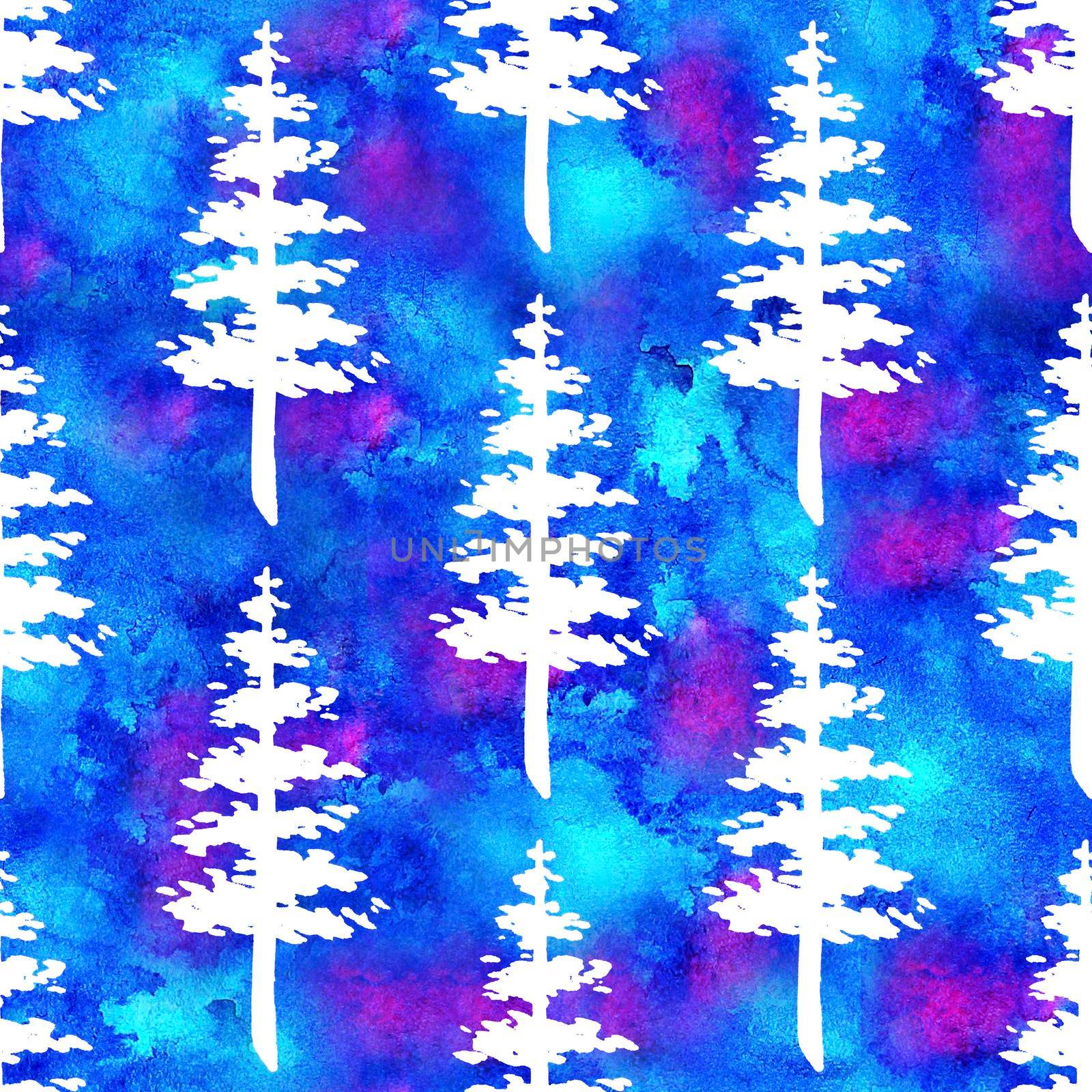 XMAS watercolour Fir Tree Seamless Pattern in White Color on Blue watercolor background. Hand-Painted Spruce Pine tree wallpaper for Ornament, Wrapping or Christmas Decoration by DesignAB