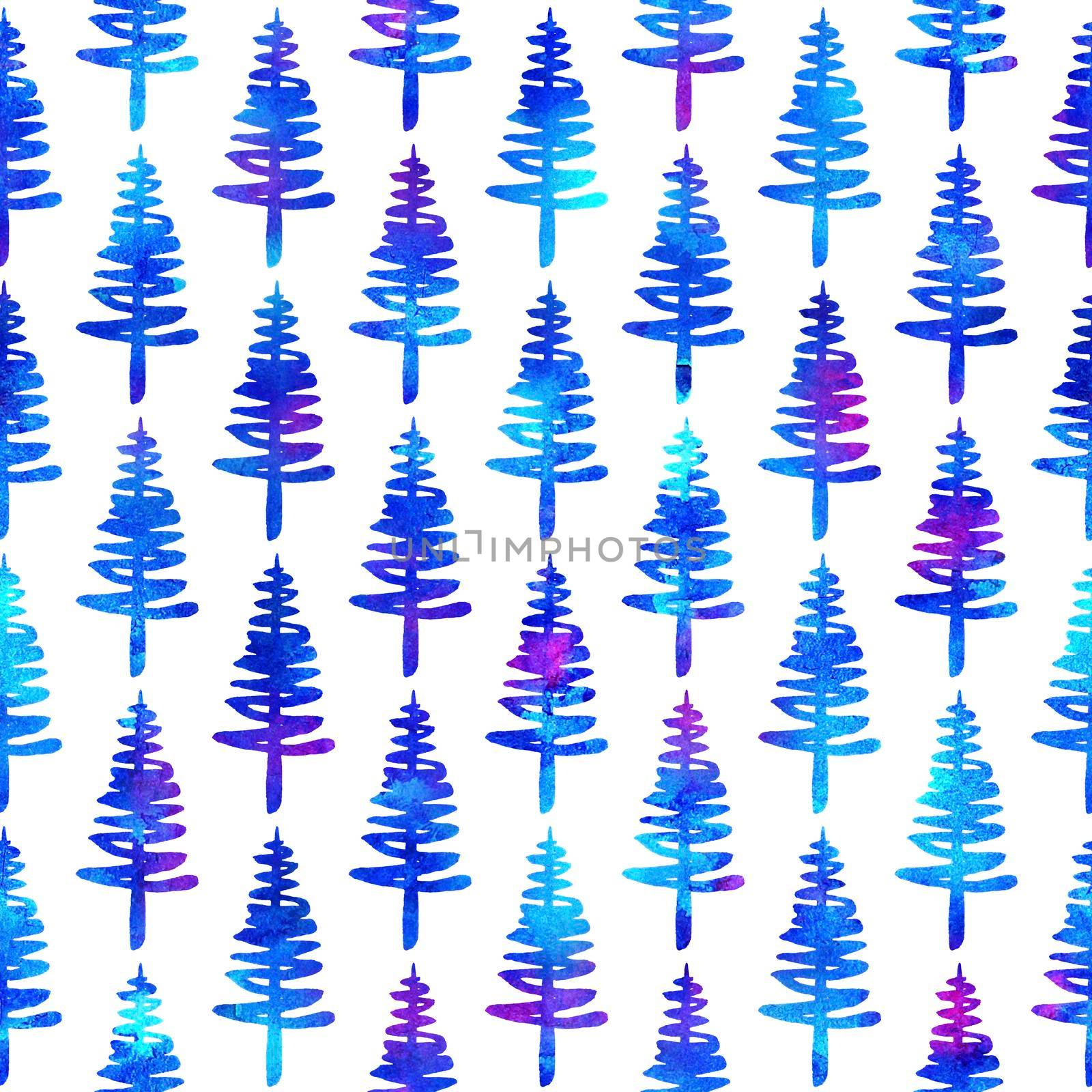 XMAS watercolour Fir Tree Seamless Pattern in Blue Color on white background. Hand-Painted Watercolor Spruce Pine tree wallpaper for Ornament, Wrapping or Christmas Decoration by DesignAB